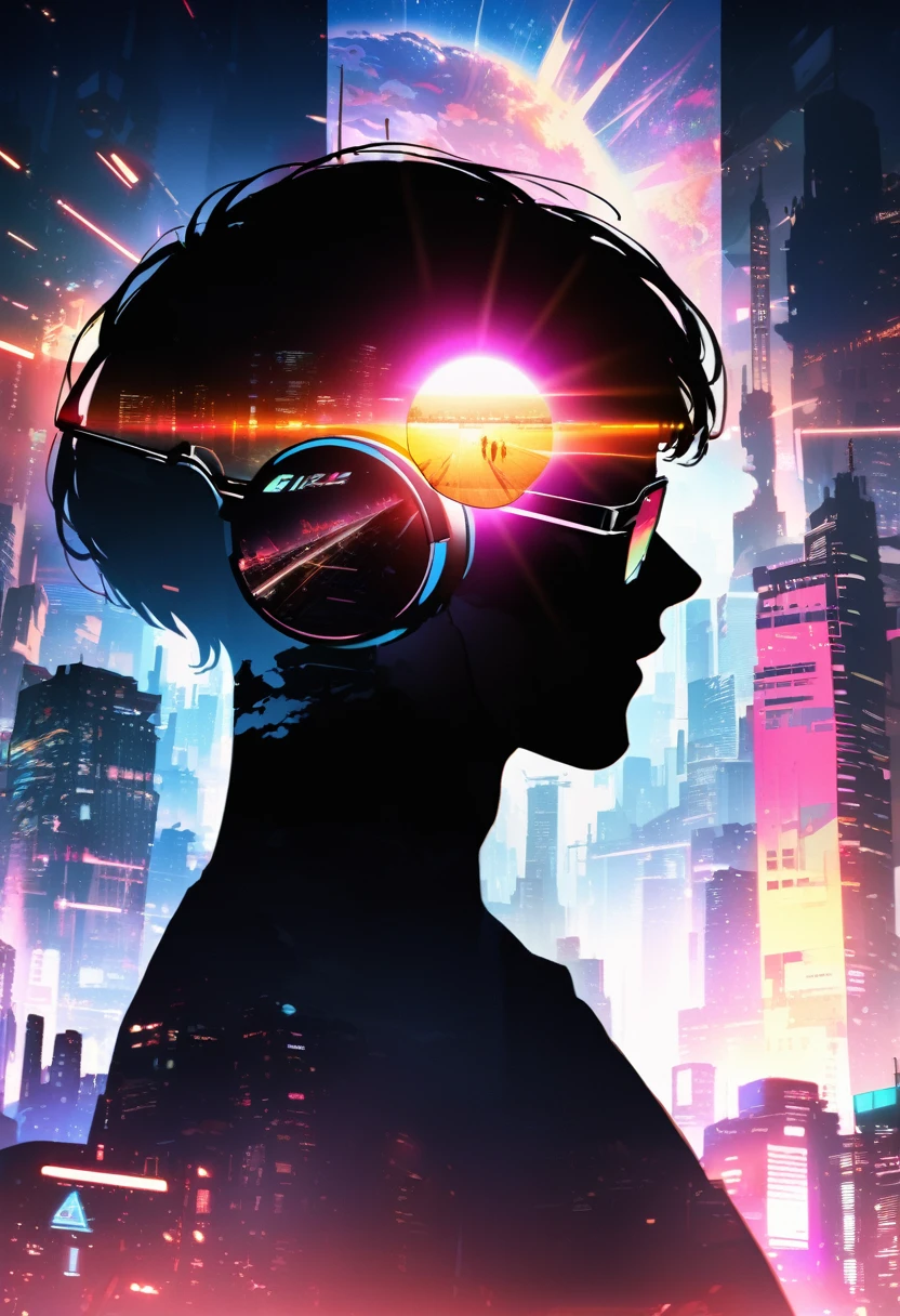 silhouette of a man in profile. short hair, (((sun glasses:1.3))), (headphones:1.3), Inside the silhouette you can see the with a deep cyberpunk, city, supernova explosion, cyberpunk night city back ground(masterpiece), ((double exposure)), proportional.,DOUBLE EXPOSURE