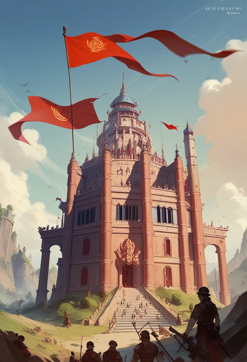 Ancient Chinese sacred site, Attacking a destroyed castle with siege weapons, Many soldiers under siege, game concept art, Matte Painting Concept Art, flag of korea,battle scene background artwork, bloodbath battlefield background