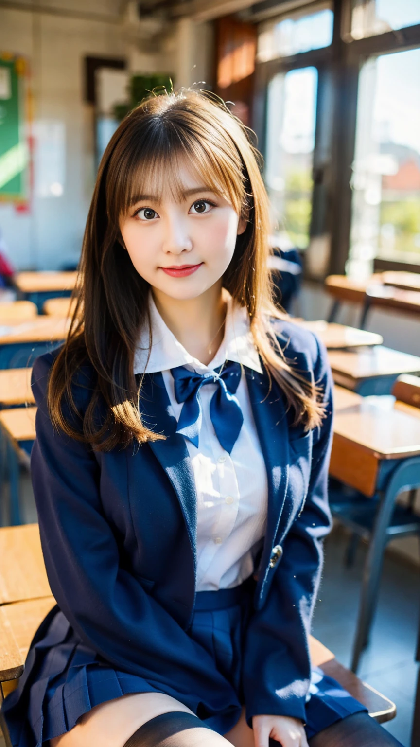 (Masterpiece, Masterpiece, 8k), One beautiful woman, Long blonde hair, blue eyes, A blue ribbon in her hair, High School Outfit, Black blazer, Black Skirt, Blue tie, Big Breasts, Thighs, Wearing high stockings, In the classroom, Serious expression, High resolution, Blur the background, Smile