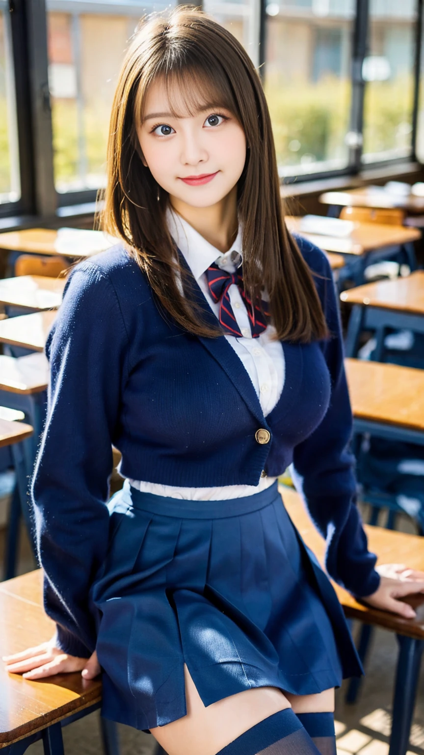 (Masterpiece, Masterpiece, 8k), One beautiful woman, Long blonde hair, blue eyes, A blue ribbon in her hair, High School Outfit, Black blazer, Black Skirt, Blue tie, Big Breasts, Thighs, Wearing high stockings, In the classroom, Serious expression, High resolution, Blur the background, Smile