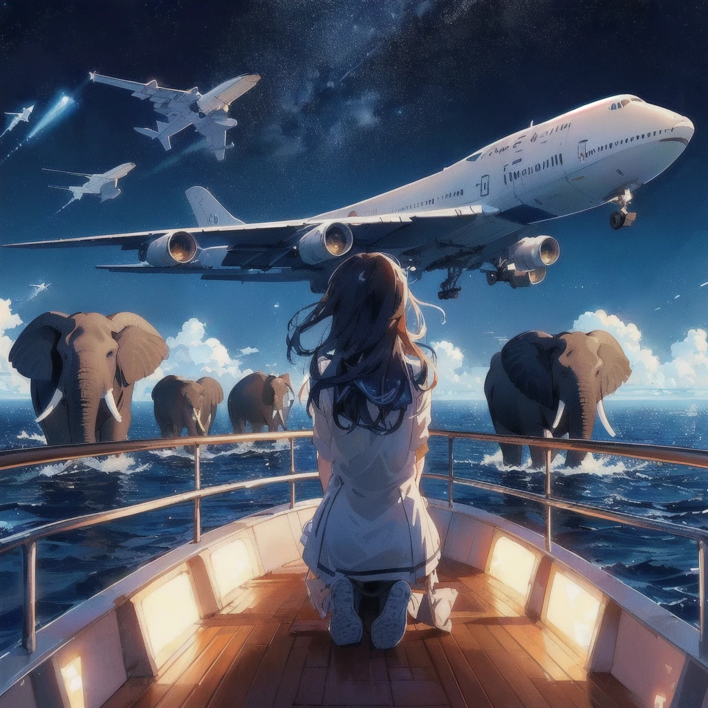 Anime girl watching an airplane flying over an elephant and the sea, On the boat,makoto shinkai cyril rolando, Rad!!!, Concept Art | Rad, Rad!, Lads, Whale in the Sky, ( ( Makoto Shinkai ) ), inspired Lads, Flying Whale, Space Sky. by Makoto Shinkai, 80s anime style,Inspired by Cyril Rolland