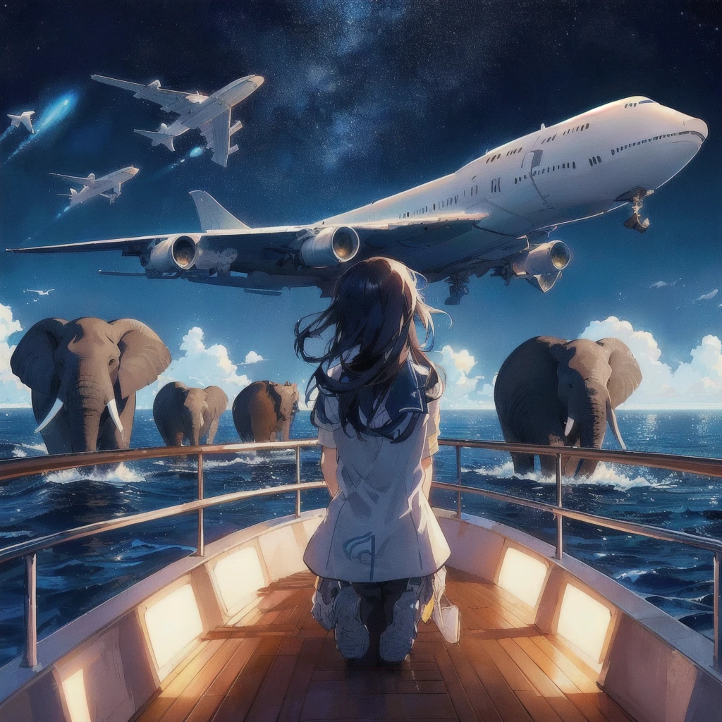Anime girl watching an airplane flying over an elephant and the sea, On the boat,makoto shinkai cyril rolando, Rad!!!, Concept Art | Rad, Rad!, Lads, Whale in the Sky, ( ( Makoto Shinkai ) ), inspired Lads, Flying Whale, Space Sky. by Makoto Shinkai, 80s anime style,Inspired by Cyril Rolland