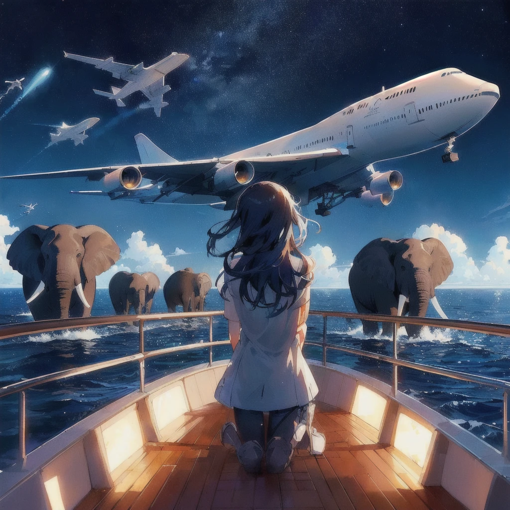 Anime girl watching an airplane flying over an elephant and the sea, On the boat,makoto shinkai cyril rolando, Rad!!!, Concept Art | Rad, Rad!, Lads, Whale in the Sky, ( ( Makoto Shinkai ) ), inspired Lads, Flying Whale, Space Sky. by Makoto Shinkai, 80s anime style,Inspired by Cyril Rolland