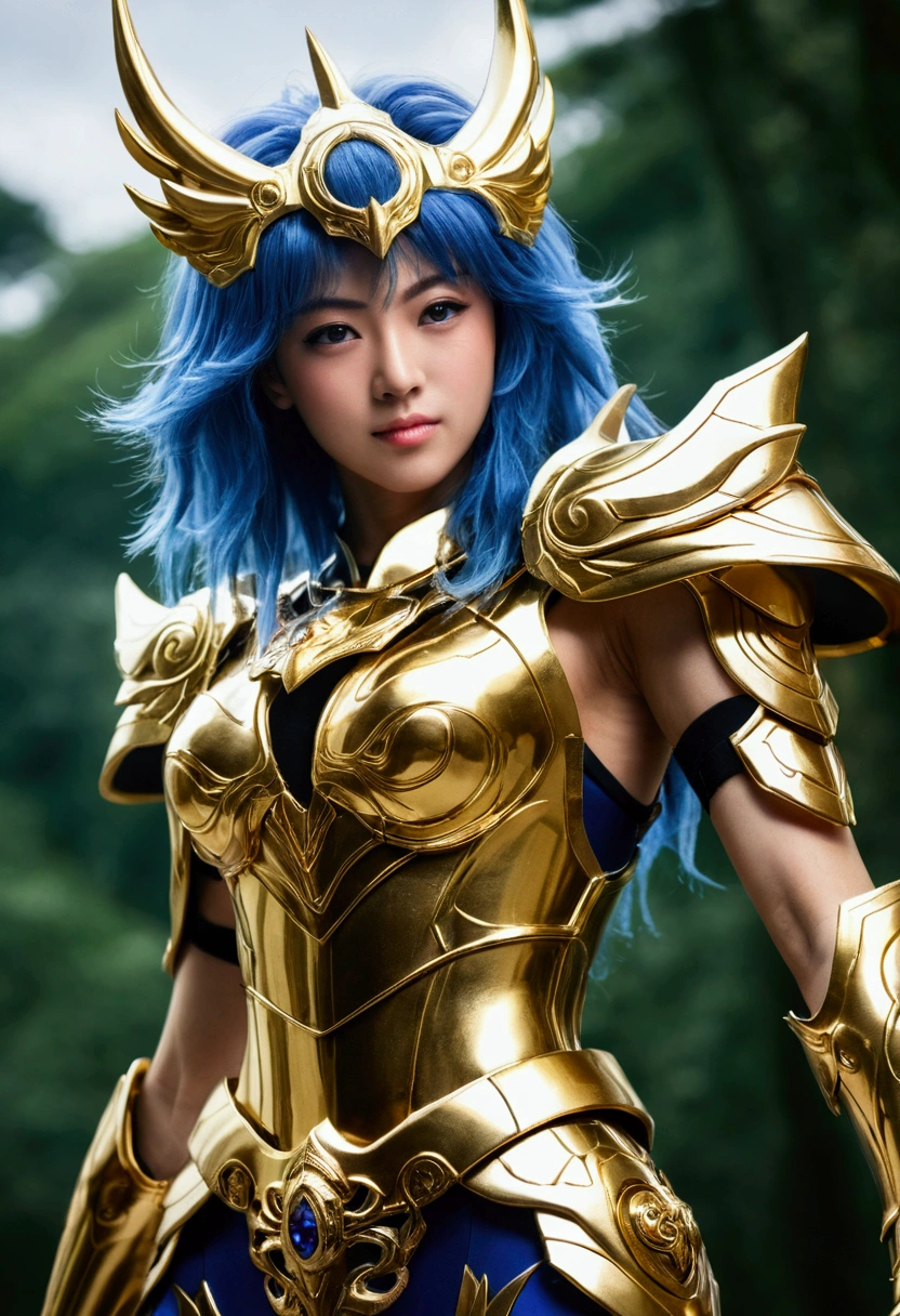 Gold Saint,A female warrior,The fighting intensified,Gold Warframe,Gorgeous decoration,sharp,Strong body,Clear lines,determination,Mysterious runes,There are unique lights around。professional , masterpiece、Top quality、Photo-realistic , 、Top quality、Ultra-high resolution、(Photorealistic:1.4)、RAW photos、Depth of Field (Gemstone gold metal body:1.9),(Matte white、Tostock、Cleavage、(Cleavage)、(((Saint Seiya Gold Armor))),(Detailed dragon armor)、(Have the strongest weapon)、((Random hairstyle 1.6),Dark Fantasy,)explode、Fierce battles、(Steep cliffs),dragon gold weapon,Mysterious Expression、Light Particles、Battle Dragon、(Detailed dragon helmet),Ornate silver weapon ,(( Dragon's dense pattern Tianwu treasure wheel)) , Beautiful wheel-shaped weapon ,Warhammer 40k ,Details and gorgeous crowns、((Blue Hair))、(Castle Background)、、((Gungar forest background))、Beautiful Asian Japanese cute beauty、1one person、Dynamic Angle,(((With detailed shielding)))、Head high、170 height、a smile、Castle Background、Slender and beautiful female hands、Cleavage、Soldiers in armor in the background、Mysterious Expression、Lighting Effects、Fierce battles、Wind Effect、Magic Circle、With the legendary wand、(Devil Wings)、Tostock、