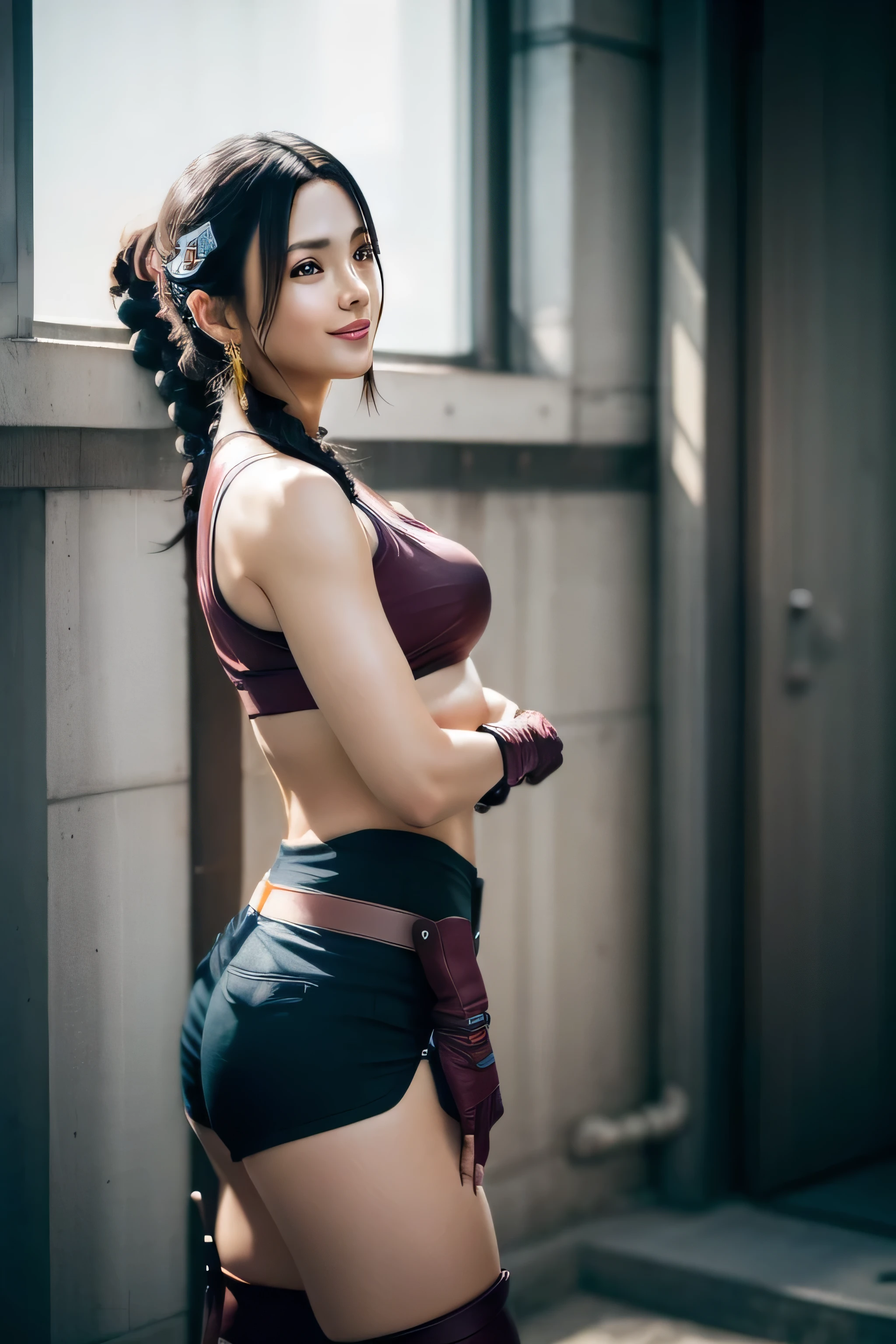 1 girl, standing, beautiful Julia Chang, slightly tanned skin,side view,18 years old, Cups, Black thighs, arm warmers, shorts, short hair, big chest, small hips, big ass, medium breasts,capture anime screen,Julia is 18 years old, mature appearance,,outfit, black arm warmers,maroon arm bands,black arm warmers,brown bikini,side view,viewed from side,smiling,slightly tilted forwards,slightly leaned forwards,smile