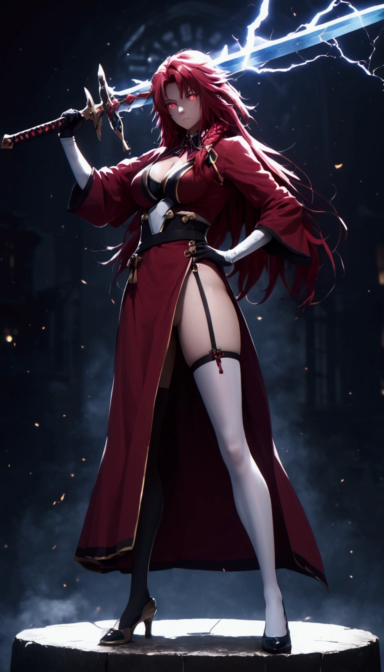 score_9, score_8_up, score_7_up, score_6_up, score_5_up, score_4_up, uncensored, iris midgar, red hair, long hair, braid, red eyes, BREAK (masterpiece:1.2), best quality, high resolution, (detailed eyes:1.3), perfect lighting, (perfect hands, perfect anatomy), HD, 1girl, weapon, sword, ,, solo, thighhighs, holding weapon, gloves, asymmetrical legwear, high heels, mismatched legwear, holding, holding sword, hand on own hip, aura, looking at viewer, full body, armor, dress, cleavaging, black gloves, black thighhighs, glowing weapon, closed mouth, glowing sword, shrug \(clothing\), tassel, japanese armor, blue fire, kusazuri, japanese clothes, black footwear, white thighhighs, electricity, in abandoned building,