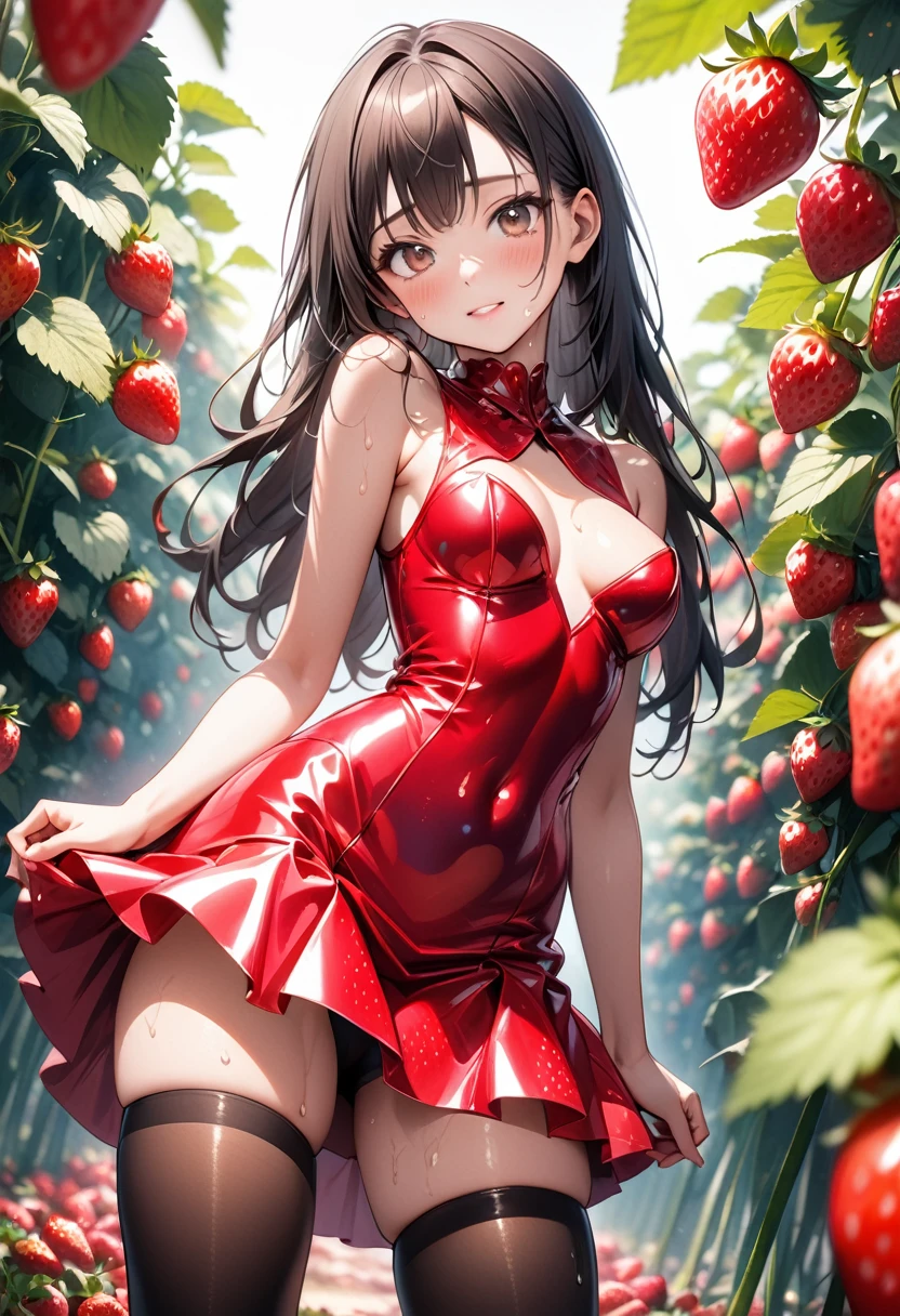 ((Strawberry-inspired costume)), ((skirt)), ((pantyhose)), ((Shiny Costumes)), skindentation, skinny, solo, 1 woman, Masterpiece, highest quality, highest quality, 16K, incredibly absurd, highly detailed, 2.5D, ai-generated, delicate and dynamic, very delicate facial expressions, delicate eye depiction, erotic, only sexy woman, ((A cute and kind face)), healthy figure, ((25-year-old woman)), 160cm tall, medium firm swaying bust, , blush, Sweat,Embarrassed,sexy, ((thin thighs)), (camel toe:0.7), (visible nipples:0.3), (Erect nipples,:0.7), shiny and lustrous, facing straight at viewer, (((in heat))), ((Oily_skin)), ((Lots of sweat)), (((Brown Skin))), ((dutch angle)), ((erotic pose)), (In the strawberry field),