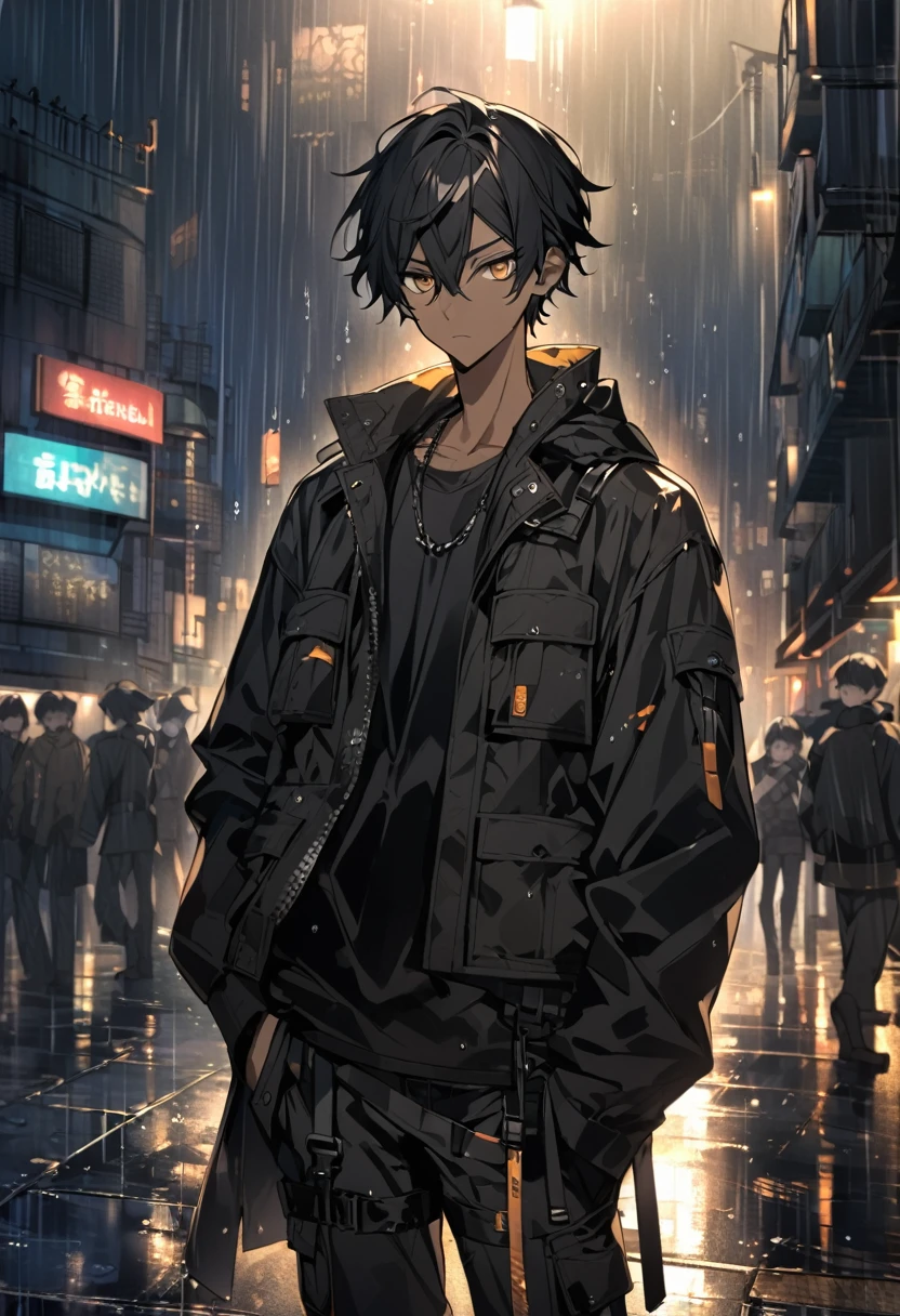 Anime boy with dark skin, messy black hair, golden eyes, black cargo pants, black jacket. Rainy night cityscape.