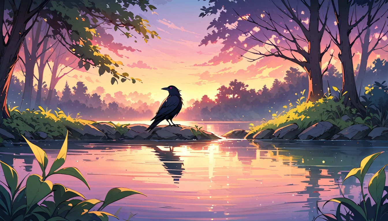 (highest quality、Super detailed)、forest、morning、foggy、Bright colors、unforgettably beautiful、mysterious light、Graceful branches、delicate leaves、quiet atmosphere、graceful、graceful生き物、black feather、sharp eyes、Intellectual gaze、Inquisitive nature, (Crow) Perched on a tree、(river flow)、(evening)