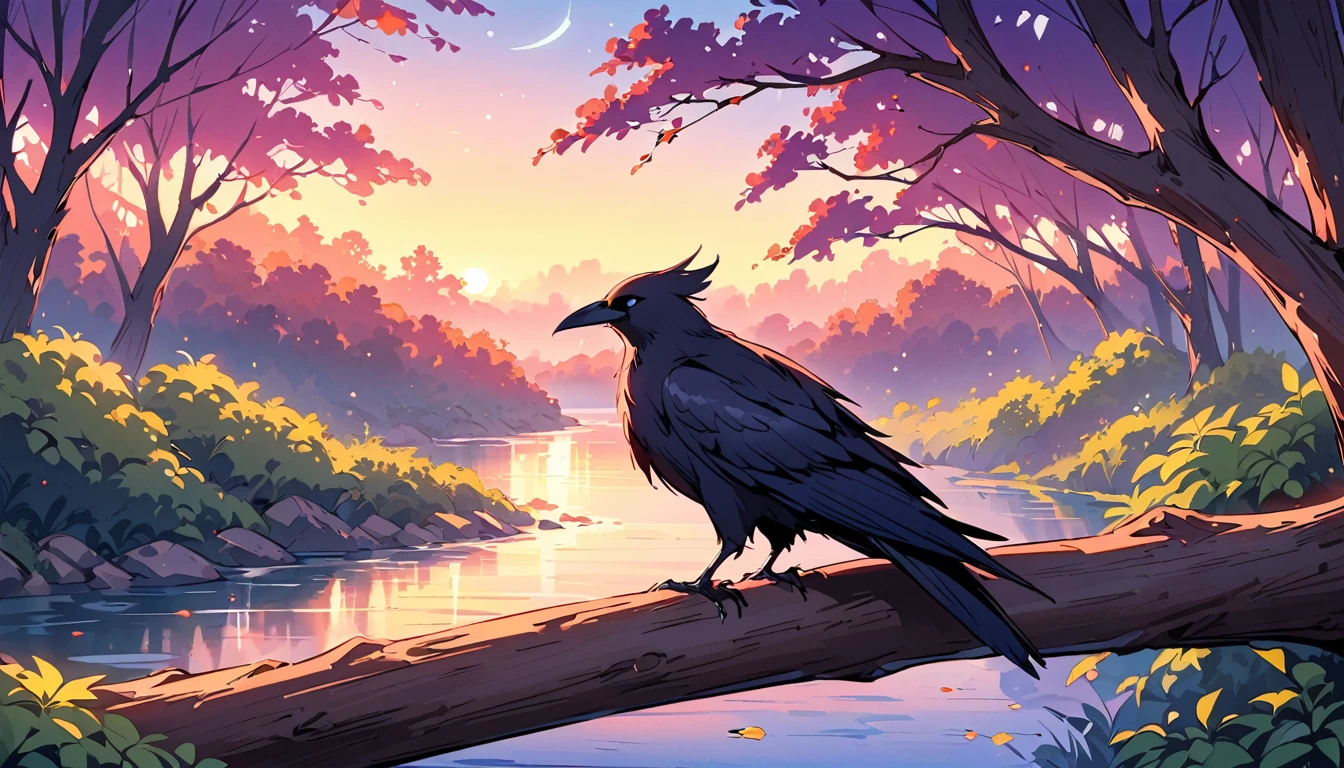 (highest quality、Super detailed)、forest、morning、foggy、Bright colors、unforgettably beautiful、mysterious light、Graceful branches、delicate leaves、quiet atmosphere、graceful、graceful生き物、black feather、sharp eyes、Intellectual gaze、Inquisitive nature, (Crow) Perched on a tree、(river flow)、(evening)