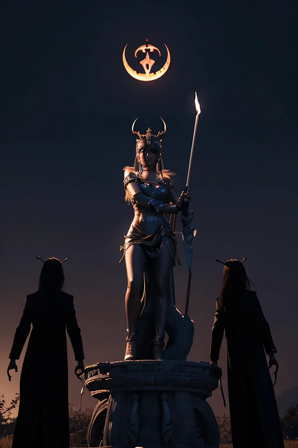 Make a 3D design of a picture of the goddess Artemis and Satanists doing something with a scary background