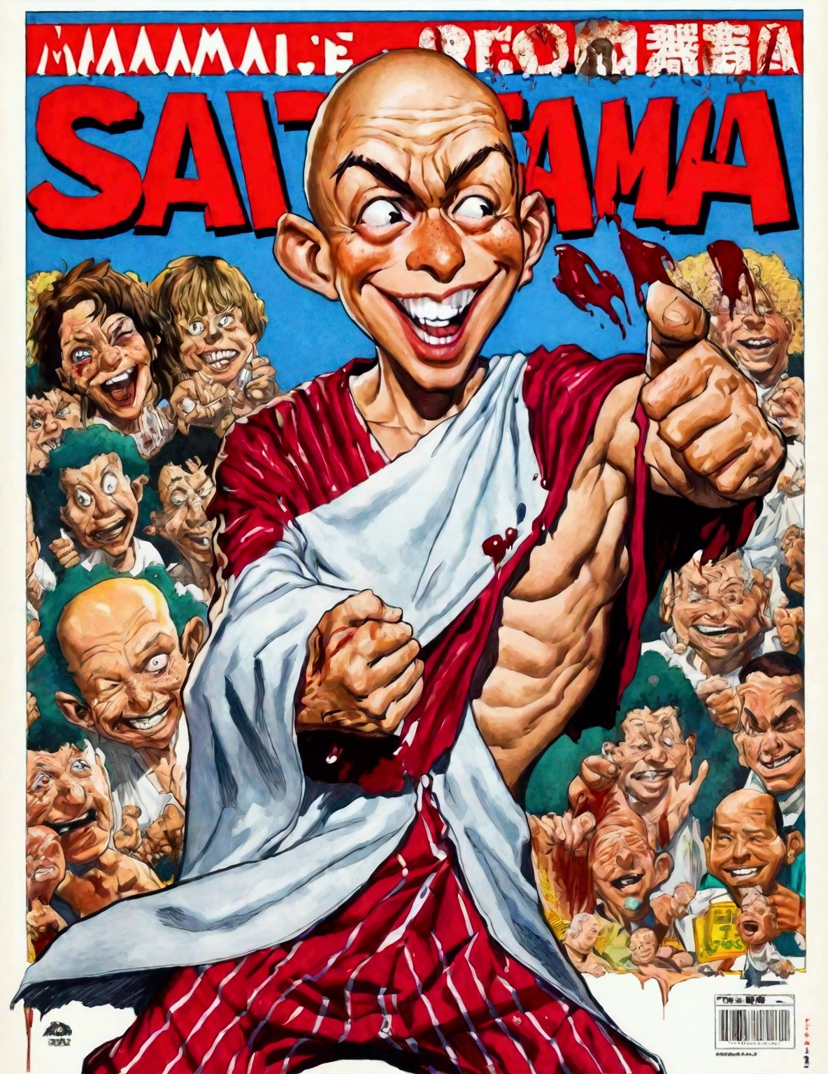 
(Mad Magazine cover) (A muscular bald man with a wide grin, a classic Alfred E. Neuman face, classic Saitama pajama outfit with blanket cape) in a heroic one-punch pose, the bloody remains of a monster strewn across a panicked crowd in downtown Tokyo, dynamic action, cinematic lighting, digital painting, highly detailed, 8k, photorealistic, dynamic composition, dramatic atmosphere, striking colors, vibrant (title across the top MAD)
