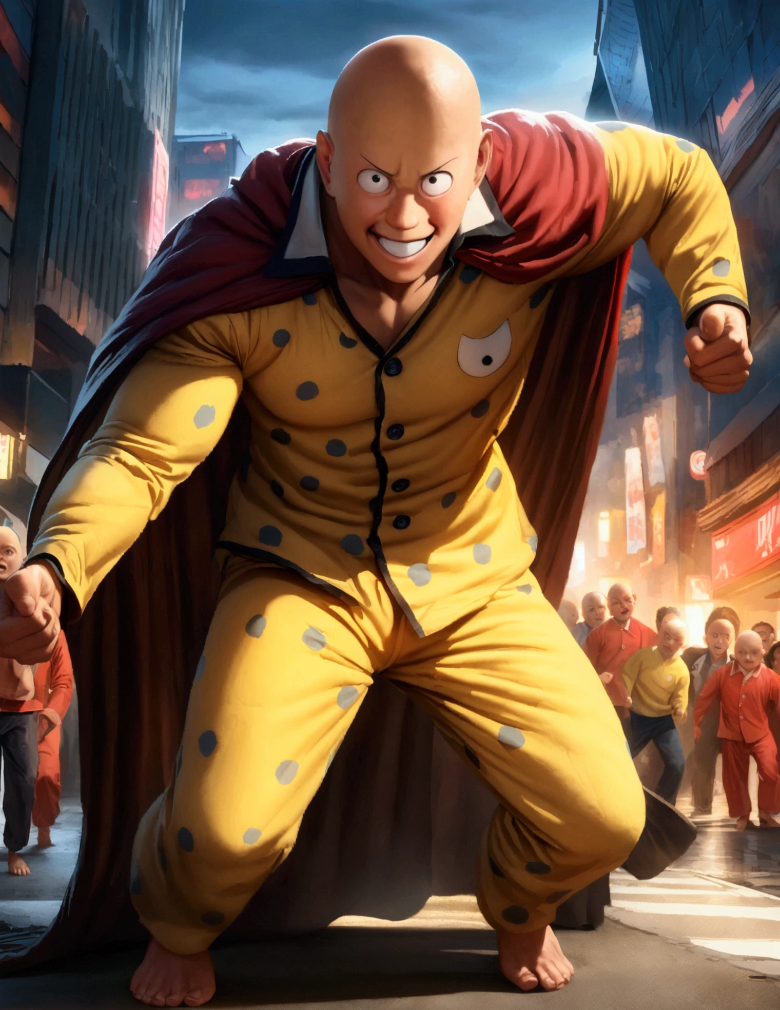 (Mad Magazine cover) (A muscular bald man with a wide grin, a classic Alfred E. Neuman face, classic Saitama pajama outfit with blanket cape) in a heroic one-punch pose, the bloody remains of a monster strewn across a panicked crowd in downtown Tokyo, dynamic action, cinematic lighting, digital painting, highly detailed, 8k, photorealistic, dynamic composition, dramatic atmosphere, striking colors, vibrant (title across the top MAD)