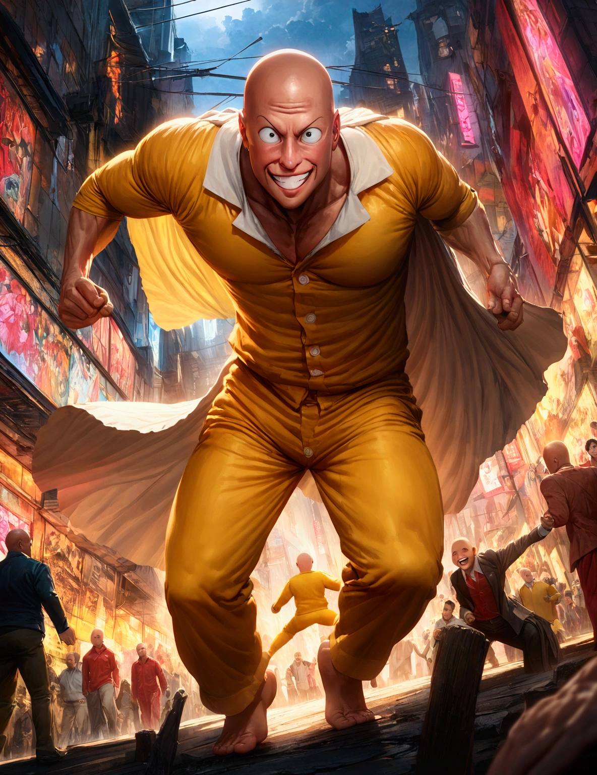 (Mad Magazine cover) (A muscular bald man with a wide grin, a classic Alfred E. Neuman face, classic Saitama pajama outfit with blanket cape) in a heroic one-punch pose, the bloody remains of a monster strewn across a panicked crowd in downtown Tokyo, dynamic action, cinematic lighting, digital painting, highly detailed, 8k, photorealistic, dynamic composition, dramatic atmosphere, striking colors, vibrant (title across the top MAD)