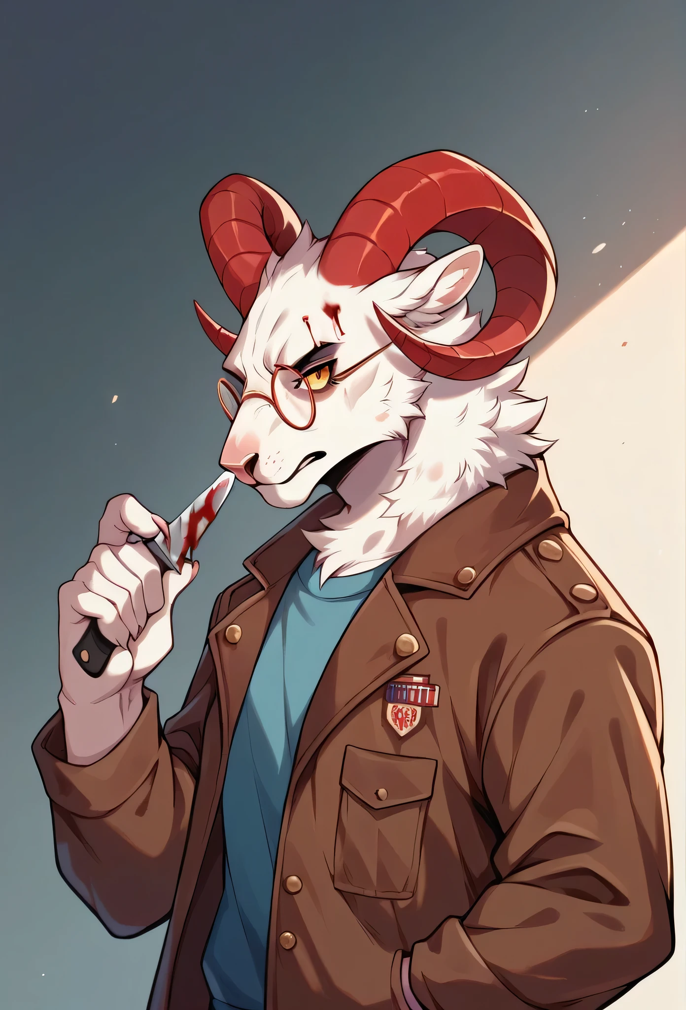 Anthropomorphic ram with white fur, short wavy crest, maduro, with brown jacket with pockets, red round glasses with red blood on his clothes, holding a knife on some steps, with wvy horns