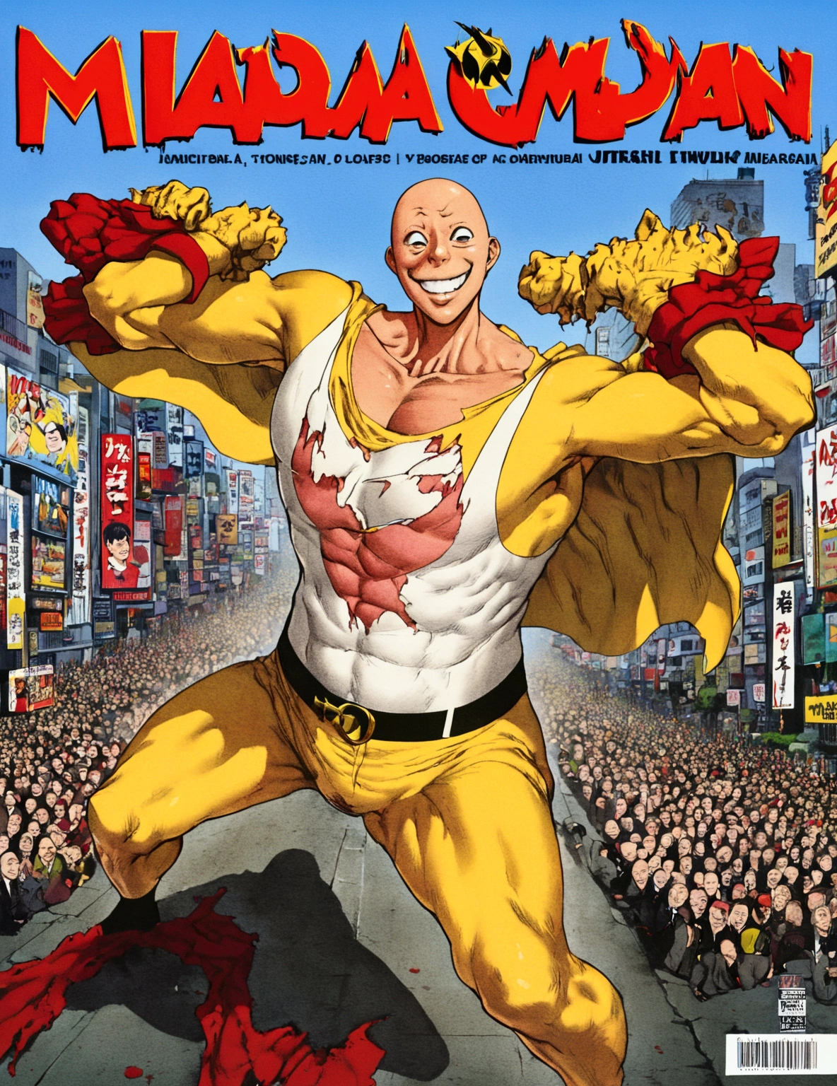 (Mad Magazine cover) (A muscular bald man with a wide grin, a classic Alfred E. Neuman face, classic Saitama pajama outfit with blanket cape) in a heroic one-punch pose, the bloody remains of a monster strewn across a panicked crowd in downtown Tokyo, dynamic action, cinematic lighting, digital painting, highly detailed, 8k, photorealistic, dynamic composition, dramatic atmosphere, striking colors, vibrant (title across the top MAD)
