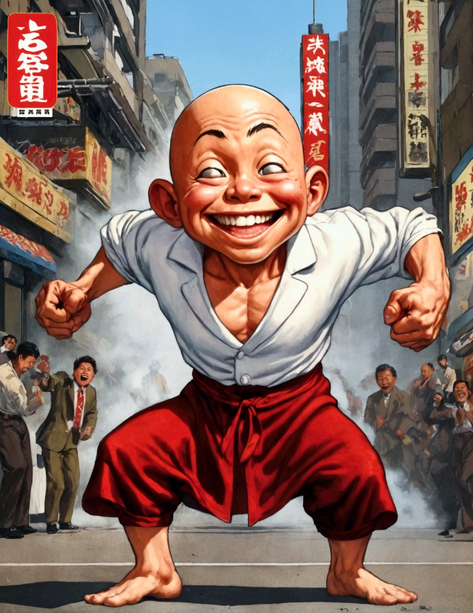 (Mad Magazine cover) (A muscular bald man with a wide grin, a classic Alfred E. Neuman face, classic Saitama pajama outfit with blanket cape) in a heroic one-punch pose, the bloody remains of a monster strewn across a panicked crowd in downtown Tokyo, dynamic action, cinematic lighting, digital painting, highly detailed, 8k, photorealistic, dynamic composition, dramatic atmosphere, striking colors, vibrant (title across the top MAD)