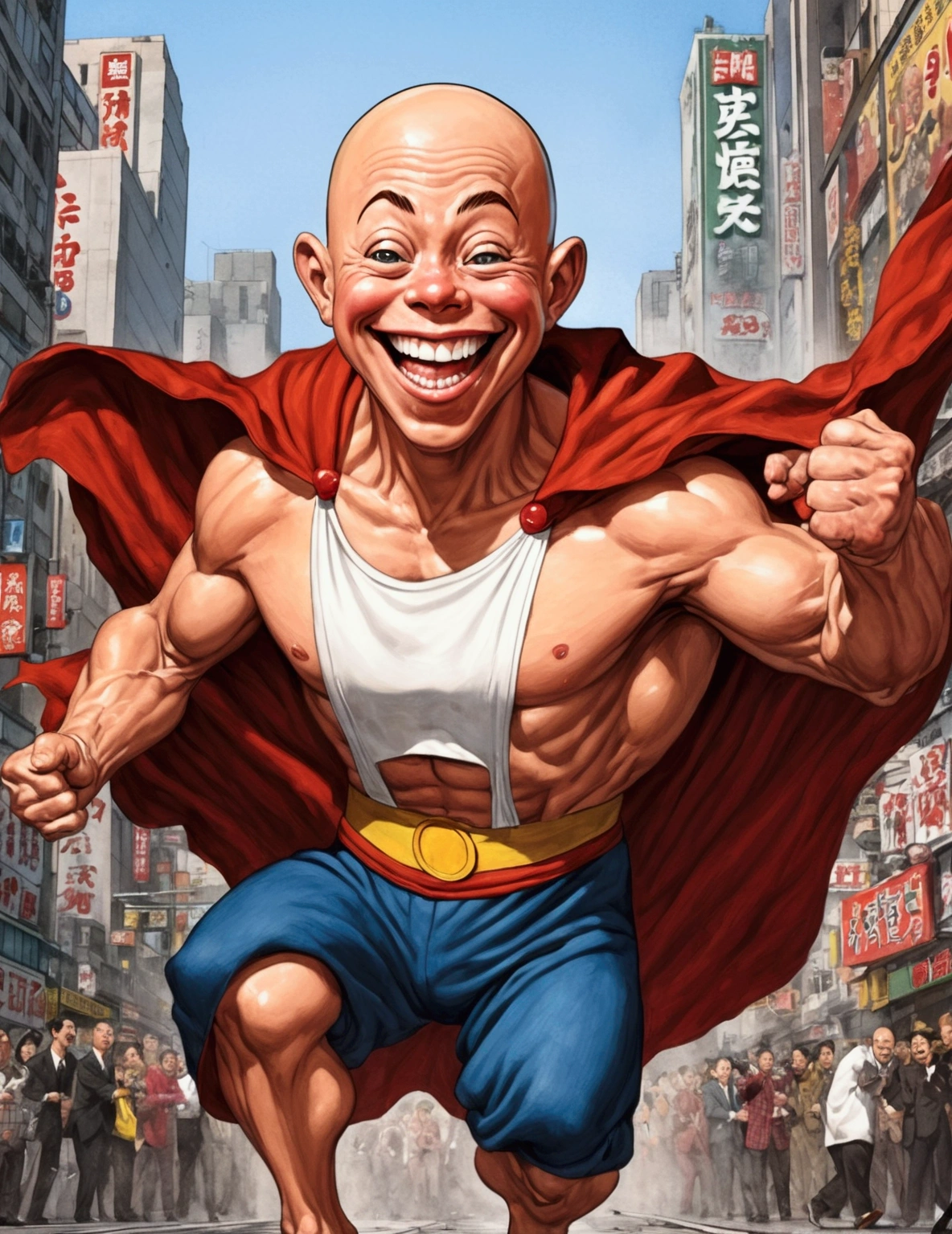 (Mad Magazine cover) (A muscular bald man with a wide grin, a classic Alfred E. Neuman face, classic Saitama pajama outfit with blanket cape) in a heroic one-punch pose, the bloody remains of a monster strewn across a panicked crowd in downtown Tokyo, dynamic action, cinematic lighting, digital painting, highly detailed, 8k, photorealistic, dynamic composition, dramatic atmosphere, striking colors, vibrant (title across the top MAD)