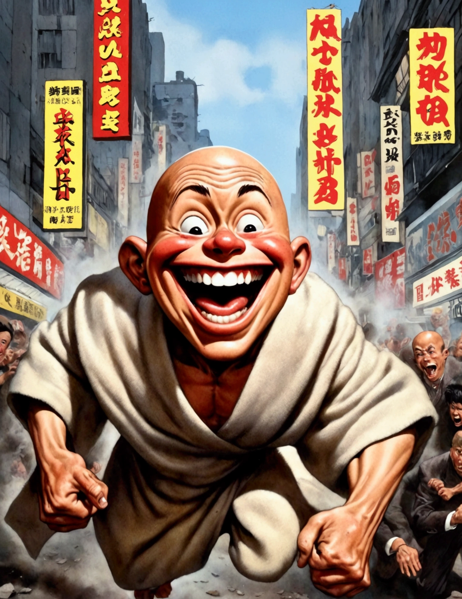 (Mad Magazine cover) (A muscular bald man with a wide grin, a classic Alfred E. Neuman face, classic Saitama pajama outfit with blanket cape) in a heroic one-punch pose, the bloody remains of a monster strewn across a panicked crowd in downtown Tokyo, dynamic action, cinematic lighting, digital painting, highly detailed, 8k, photorealistic, dynamic composition, dramatic atmosphere, striking colors, vibrant (title across the top MAD)
