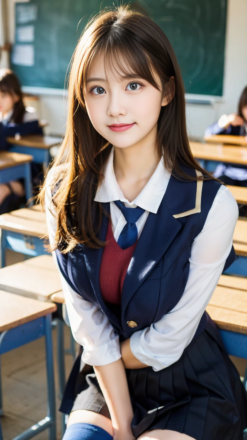 Symmetrical face, Golden Ratio, beautiful girl, One beautiful woman, ((Big Breasts)), Long blonde hair, blue eyes, A blue ribbon in her hair, High School Outfit, Black blazer, Black Skirt, Blue tie, Medium Bust, Wearing thigh-high stockings, In the classroom, Serious expression, High resolution, smile, Small nose,