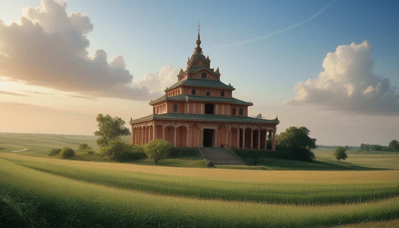 A small, humble village with houses, fields, and a local Krishna temple in the background, detailed landscape, beautiful architecture, ornate buildings, verdant fields, rolling hills, cloudy sky, warm sunlight, intricate details, photorealistic, 8K, ultra HD, professional, masterpiece, cinematic perspective, wide angle, dramatic lighting, vibrant colors, lush greenery, serene atmosphere, ornate temple, spiritual essence, traditional Indian culture