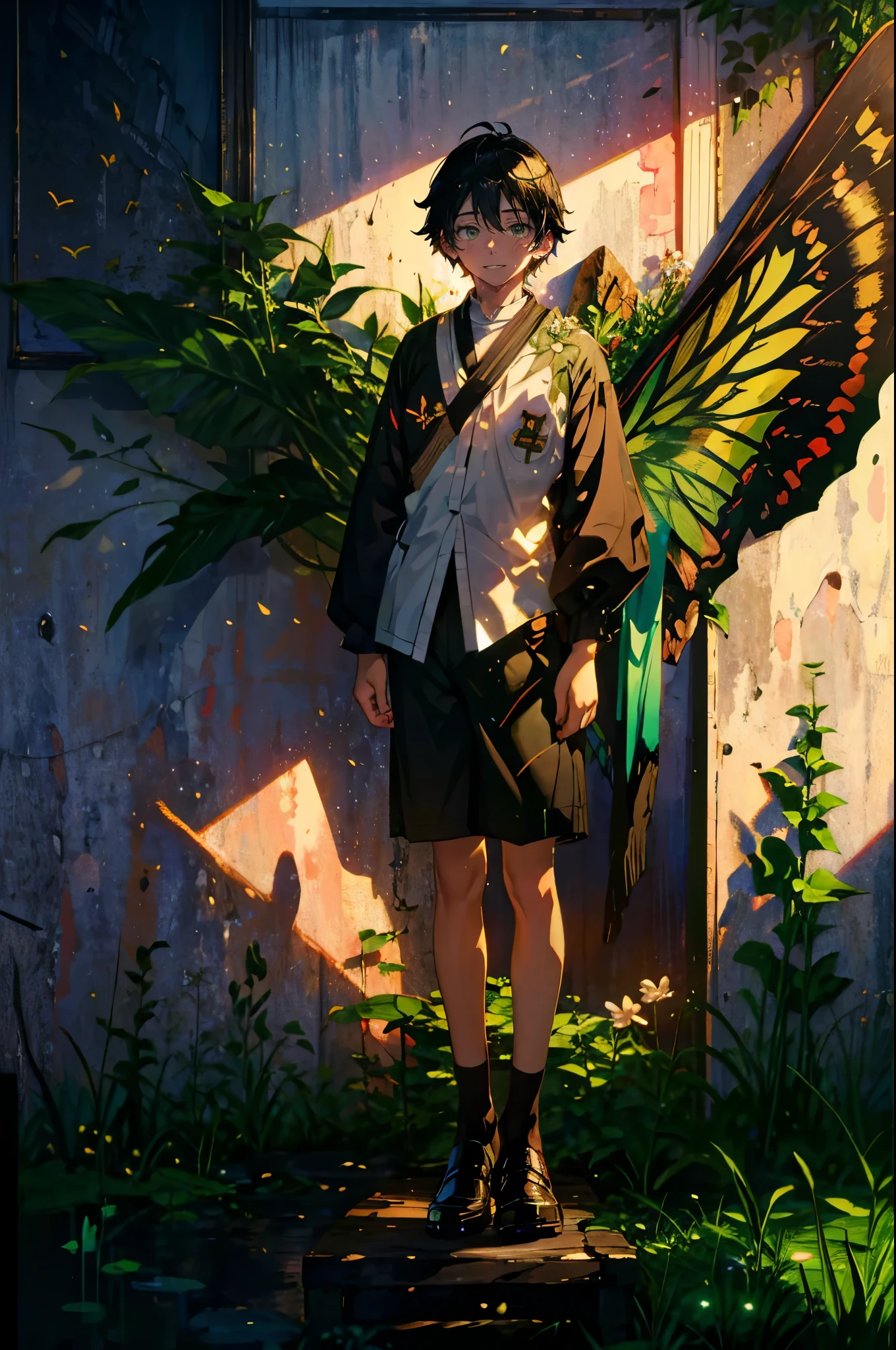 (Mastepiece), (Best Quality), Very detailed, (1 boy:1.5), (Full body solo shot:1.4), Perfect Face, Beautiful Boy, Very detailedな顔,(Black short hair:1.5),(Green Eyes:1.4),(short pants:1.4)、(Lots of butterflies々:1.4)、bird、(ruins、Plants、flower:1.4)、mysterious、Fantasy、beautiful、beautiful、(Close your eyes and laugh:1.3)、(Happy Face:1.4)、A big smile