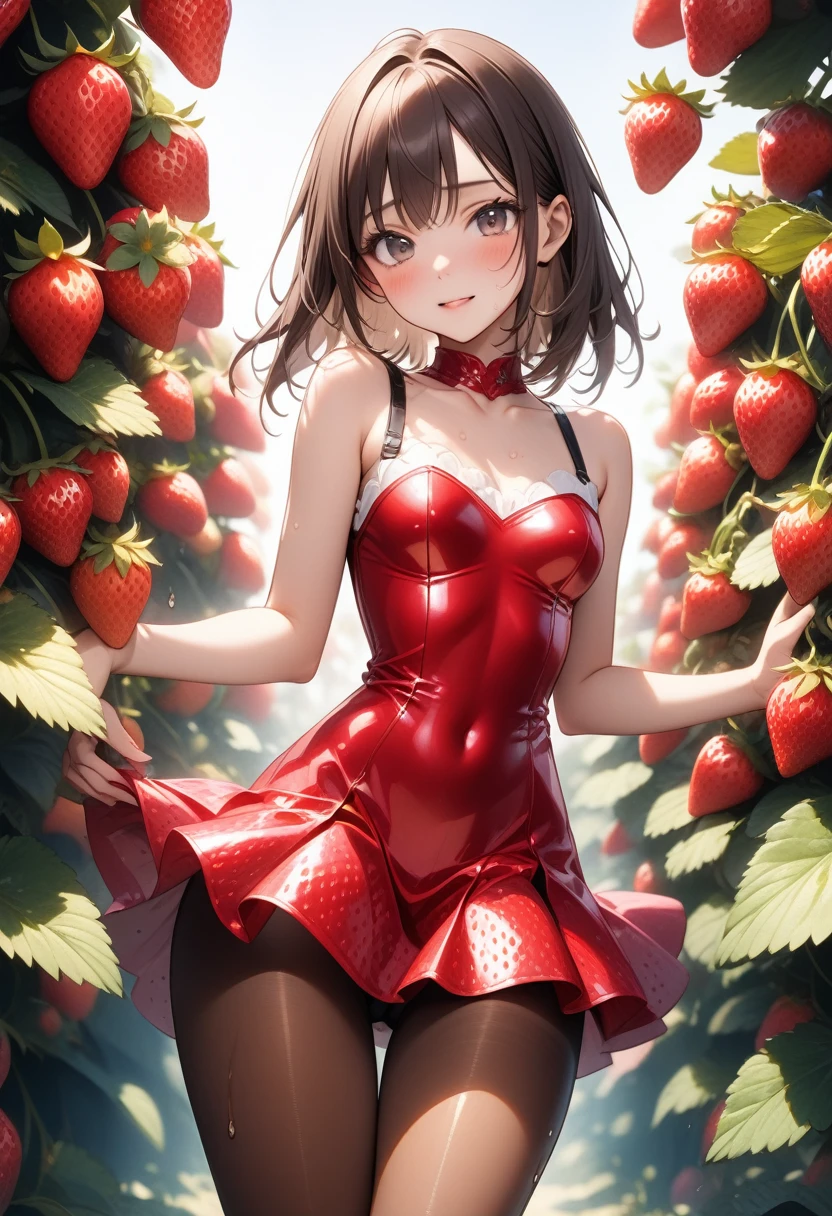 ((Strawberry-inspired costume)), ((skirt)), ((pantyhose)), ((Shiny Costumes)), skindentation, skinny, solo, 1 woman, Masterpiece, highest quality, highest quality, 16K, incredibly absurd, highly detailed, 2.5D, ai-generated, delicate and dynamic, very delicate facial expressions, delicate eye depiction, erotic, only sexy woman, ((A cute and kind face)), healthy figure, ((25-year-old woman)), 160cm tall, medium firm swaying bust, , blush, Sweat,Embarrassed,sexy, ((thin thighs)), (camel toe:0.7), (visible nipples:0.3), (Erect nipples,:0.7), shiny and lustrous, facing straight at viewer, (((in heat))), ((Oily_skin)), ((Lots of sweat)), (((Brown Skin))), ((dutch angle)), ((erotic pose)), (In the strawberry field),
