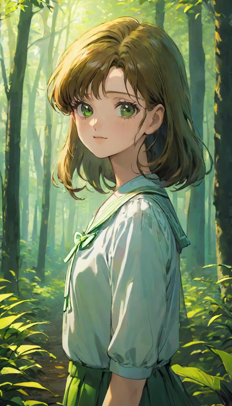 Upper body from knees up、A girl、、((非常に繊細な描写のFace))、((Very detailed_Face_pupil))、look back、Background blur、Blurred background、Dark Forest、Deep Forest、Walk、best quality、Ultra-high resolution、Very detailed、８ｋ、SailorJupiter，Hold your phone