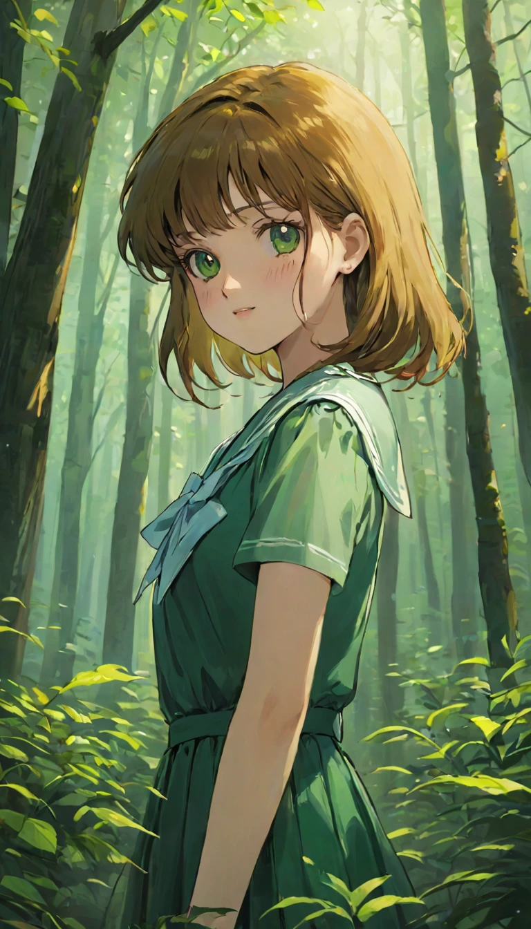 Upper body from knees up、A girl、************、((非常に繊細な描写のFace))、((Very detailed_Face_pupil))、look back、Background blur、Blurred background、Dark Forest、Deep Forest、Walk、best quality、Ultra-high resolution、Very detailed、８ｋ、SailorJupiter，Hold your phone