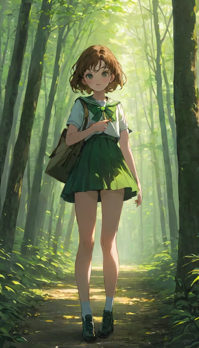 Upper body from knees up、A girl、************、((非常に繊細な描写のFace))、((Very detailed_Face_pupil))、look back、Background blur、Blurred background、Dark Forest、Deep Forest、Walk、best quality、Ultra-high resolution、Very detailed、８ｋ、SailorJupiter，Hold your phone