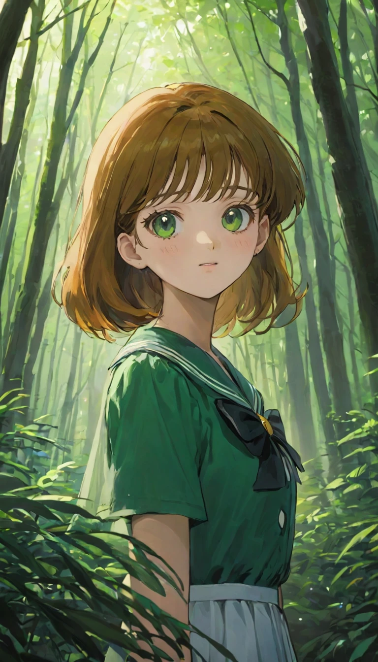 Upper body from knees up、A girl、、((非常に繊細な描写のFace))、((Very detailed_Face_pupil))、look back、Background blur、Blurred background、Dark Forest、Deep Forest、Walk、best quality、Ultra-high resolution、Very detailed、８ｋ、SailorJupiter，Hold your phone