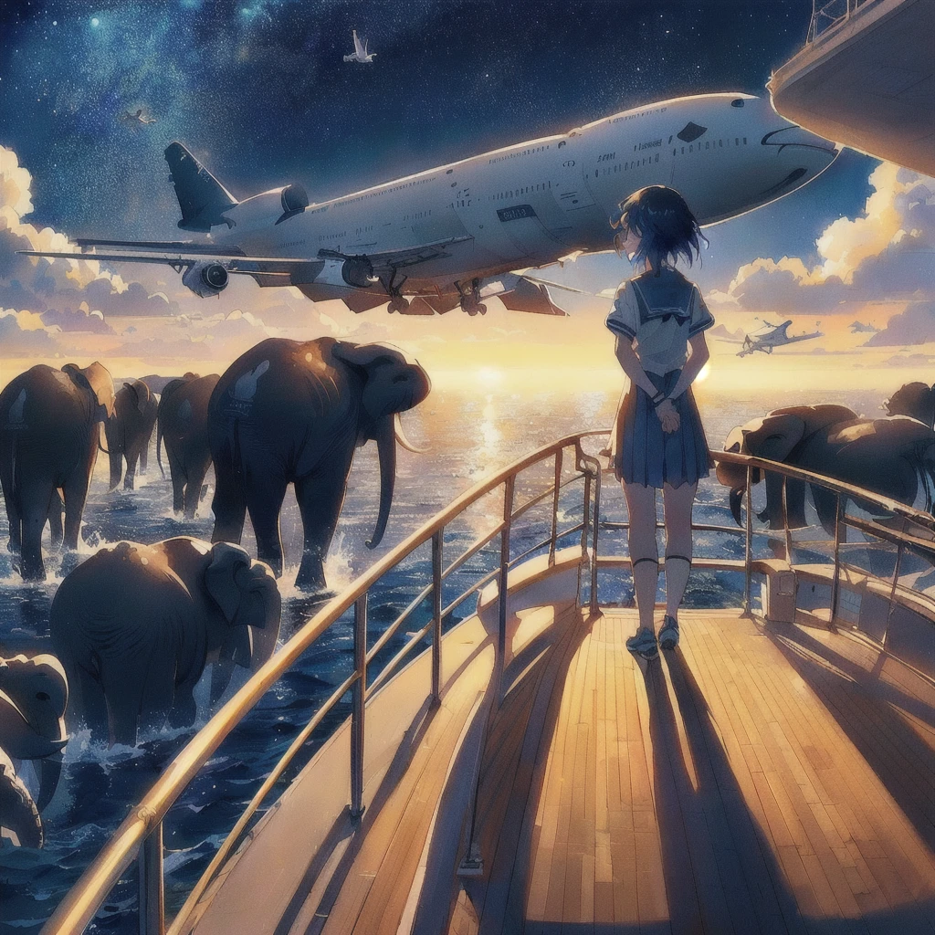 Anime girl watching an airplane flying over an elephant and the sea, On the boat,makoto shinkai cyril rolando, Rad!!!, Concept Art | Rad, Rad!, Lads, Whale in the Sky, ( ( Makoto Shinkai ) ), inspired Lads, Flying Whale, Space Sky. by Makoto Shinkai, 80s anime style,Inspired by Cyril Rolland
