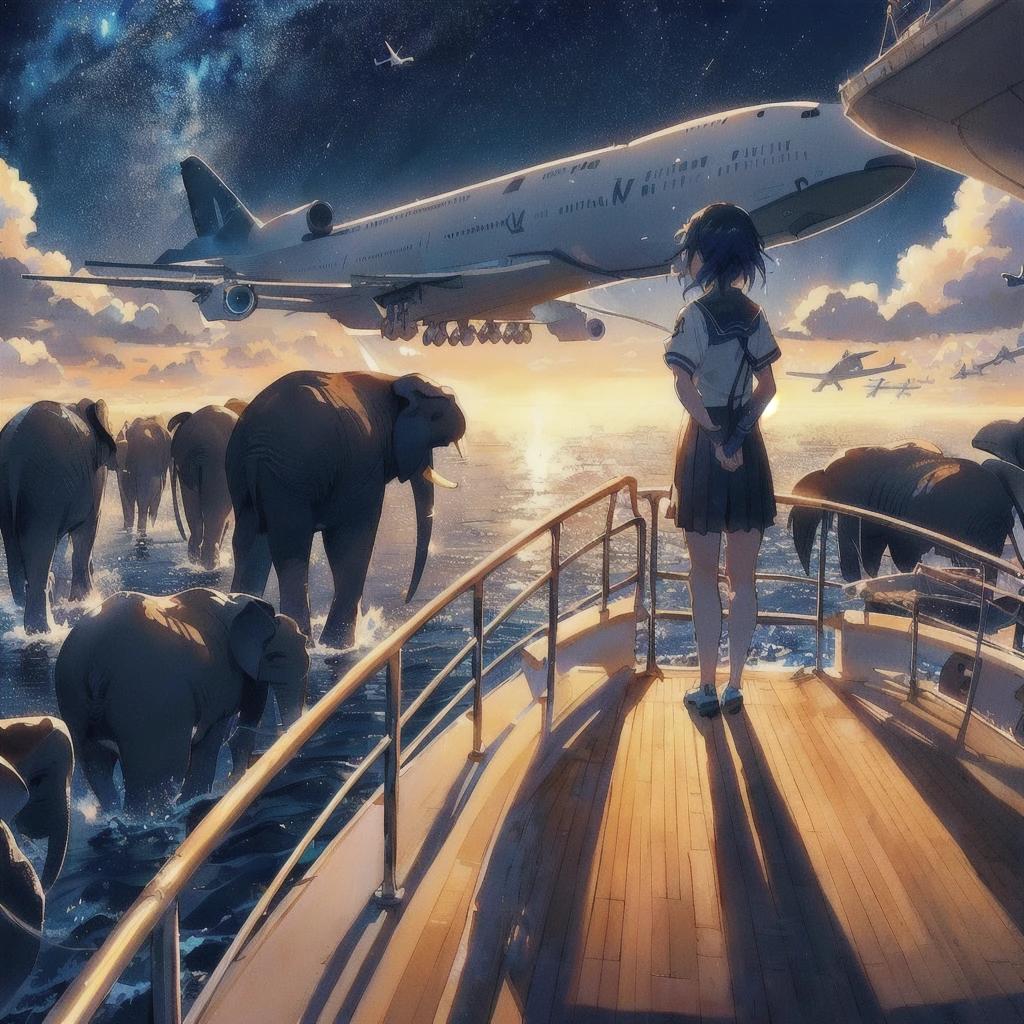 Anime girl watching an airplane flying over an elephant and the sea, On the boat,makoto shinkai cyril rolando, Rad!!!, Concept Art | Rad, Rad!, Lads, Whale in the Sky, ( ( Makoto Shinkai ) ), inspired Lads, Flying Whale, Space Sky. by Makoto Shinkai, 80s anime style,Inspired by Cyril Rolland