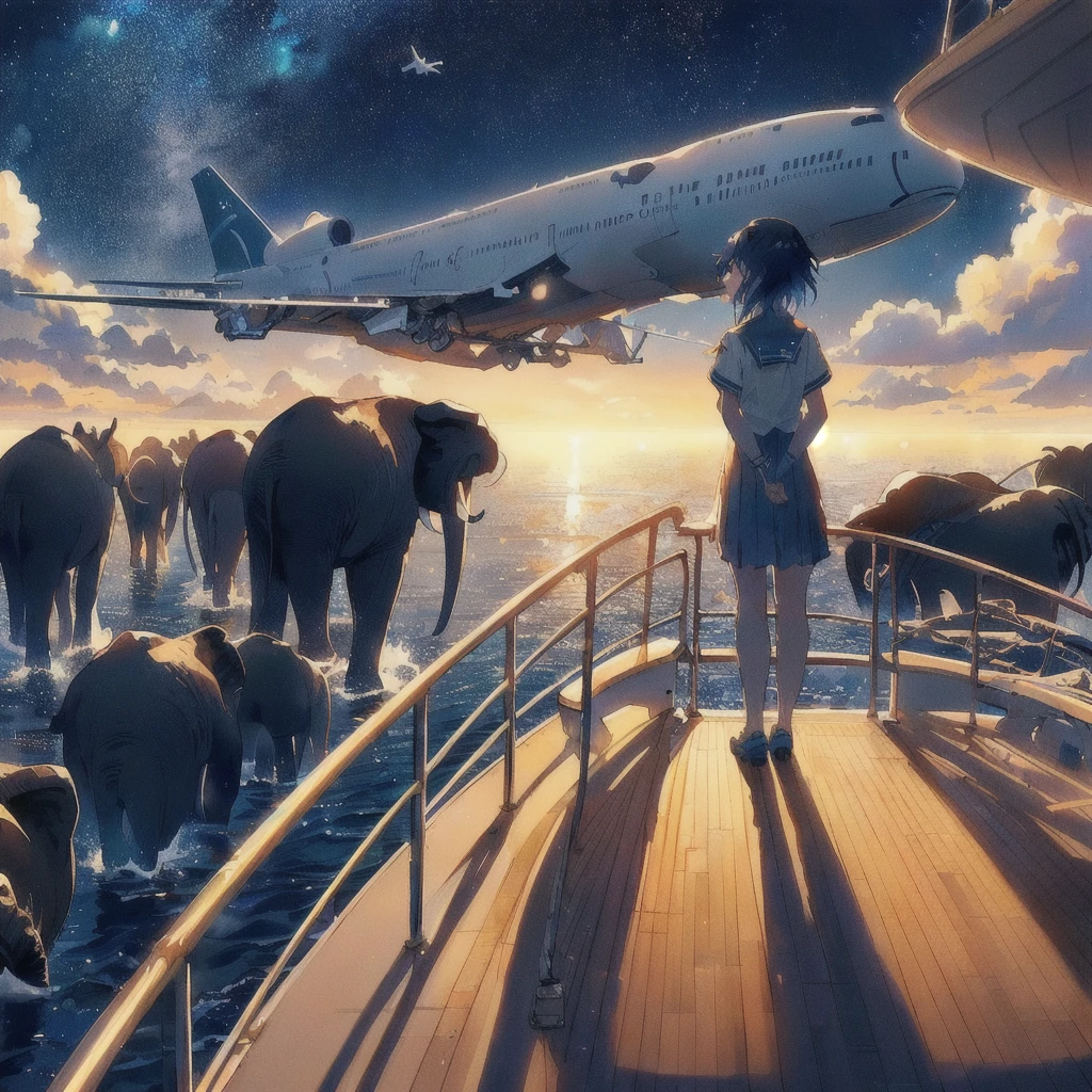 Anime girl watching an airplane flying over an elephant and the sea, On the boat,makoto shinkai cyril rolando, Rad!!!, Concept Art | Rad, Rad!, Lads, Whale in the Sky, ( ( Makoto Shinkai ) ), inspired Lads, Flying Whale, Space Sky. by Makoto Shinkai, 80s anime style,Inspired by Cyril Rolland