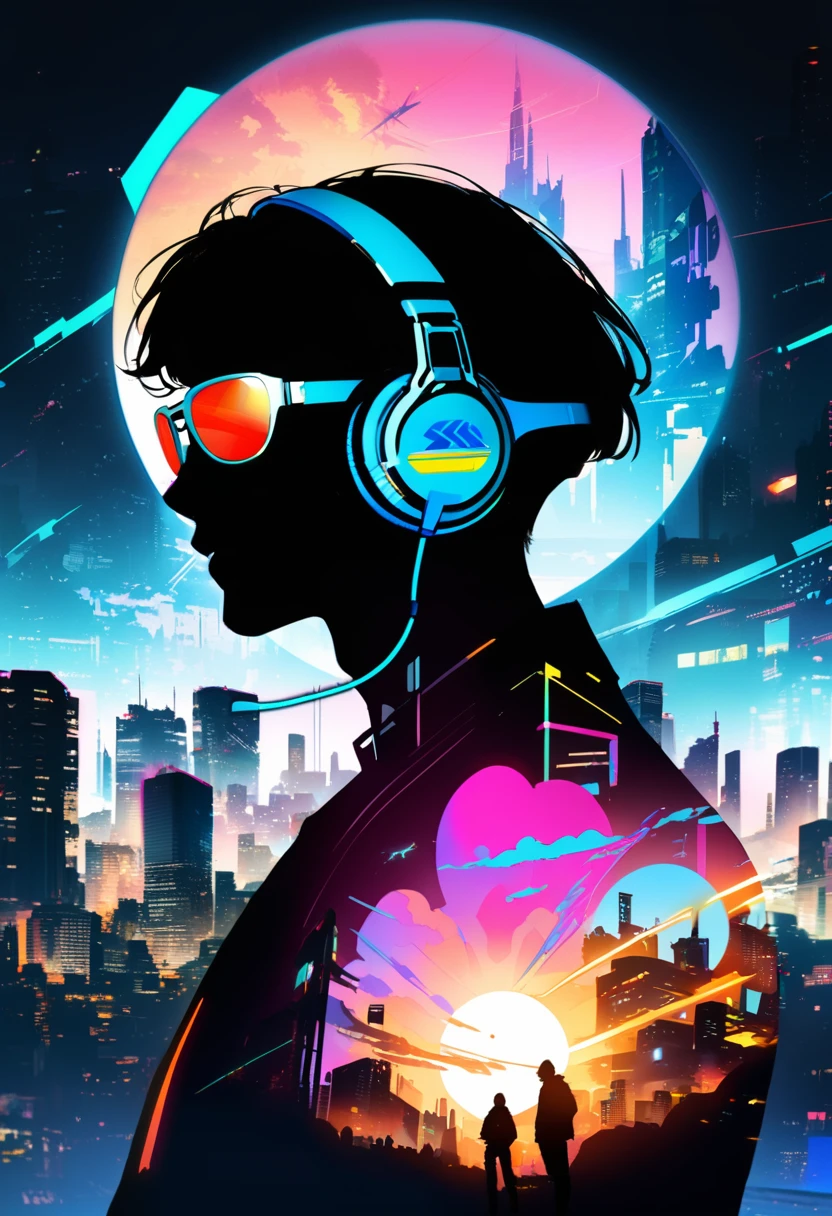 silhouette of a man in profile. short hair, (((sun glasses:1.3))), (headphones:1.3), Inside the silhouette you can see the with a deep cyberpunk, city, supernova explosion, cyberpunk night city back ground(masterpiece), ((double exposure)), proportional.,DOUBLE EXPOSURE