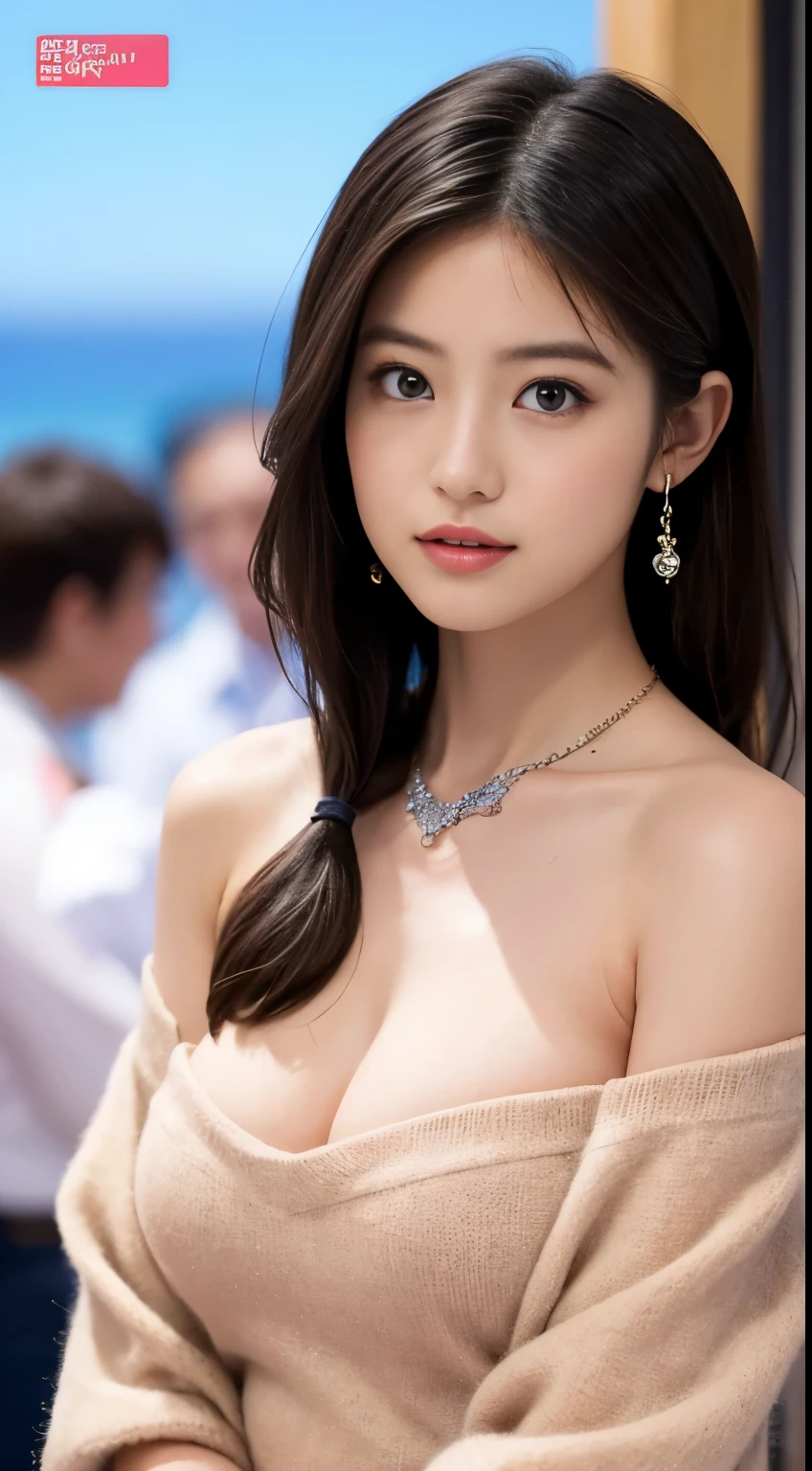 (8k, Raw photography, top-quality, ​masterpiece: 1.2), ​masterpiece, Super Detail, 超A high resolution, (Realistic and realistic photos: 1.37), high-definition RAW color photography, extremely delicate and beautiful, ighly detailed, 8k Wallpaper, astonishing, detaileds, extremely detailed eye, highlydetailed skin, extremely detailed fingers, highly detailed nose, highly detail mouth, perfect anatomia,1girl in, Off Shoulder Mini Sweater Dress,Colossal tits、 Blurry, Blurry background, Blurred foreground, blush, braid, depth of fields, eyebrows visible through hair, hair between eye, Short hair,  solo, window, sideways Facing、full body Esbian、Nogizaka Idol、Korean Idol、hposing Gravure Idol、actress、25-years old、tall、in a crowd of people、Number of people who are about to be crushed、Dynamism、a necklace、Magazine covers、Focus only on the main character、The best looks in the world、cafes、restaurant、Italy、Americans、Australia,Korean Idol、Nogizaka Idol、actress、hposing Gravure Idol、