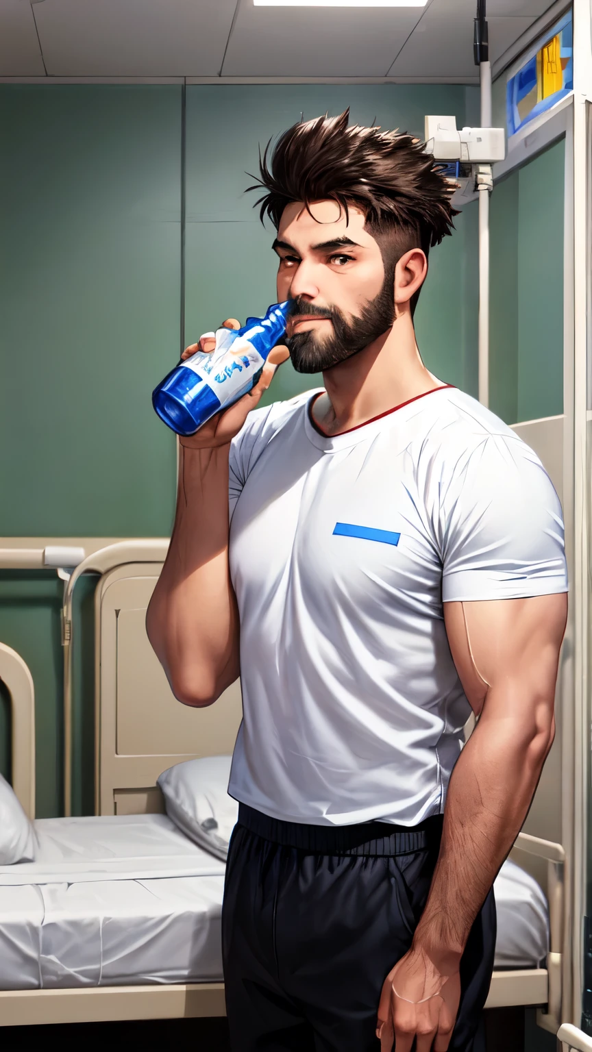 The boy standing beside his uncle's hospital bed, holding up the bottle with a hopeful expression. The uncle is a bodybuilder with a big black and white beard, French Crop hairstyle, and brown eyes, wearing a hospital gown. Animated realistic style with vibrant colors and detailed features.
