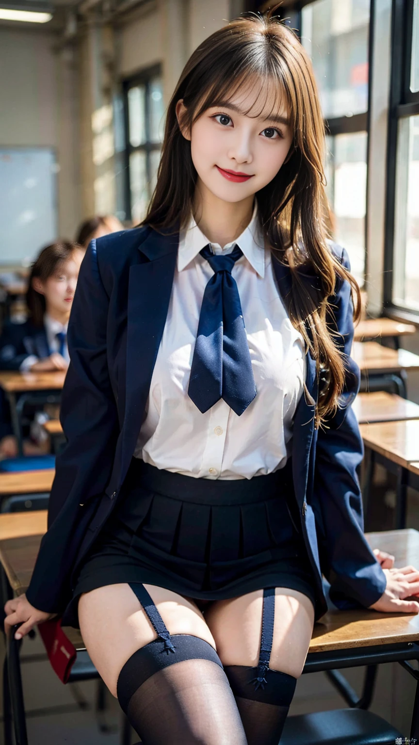 (Masterpiece, Masterpiece, 8k), One beautiful woman, Long blonde hair, blue eyes, A blue ribbon in her hair, High School Outfit, Black blazer, Black Skirt, Blue tie, Big Breasts, Thighs, Wearing high stockings, In the classroom, Serious expression, High resolution, Blur the background, Smile