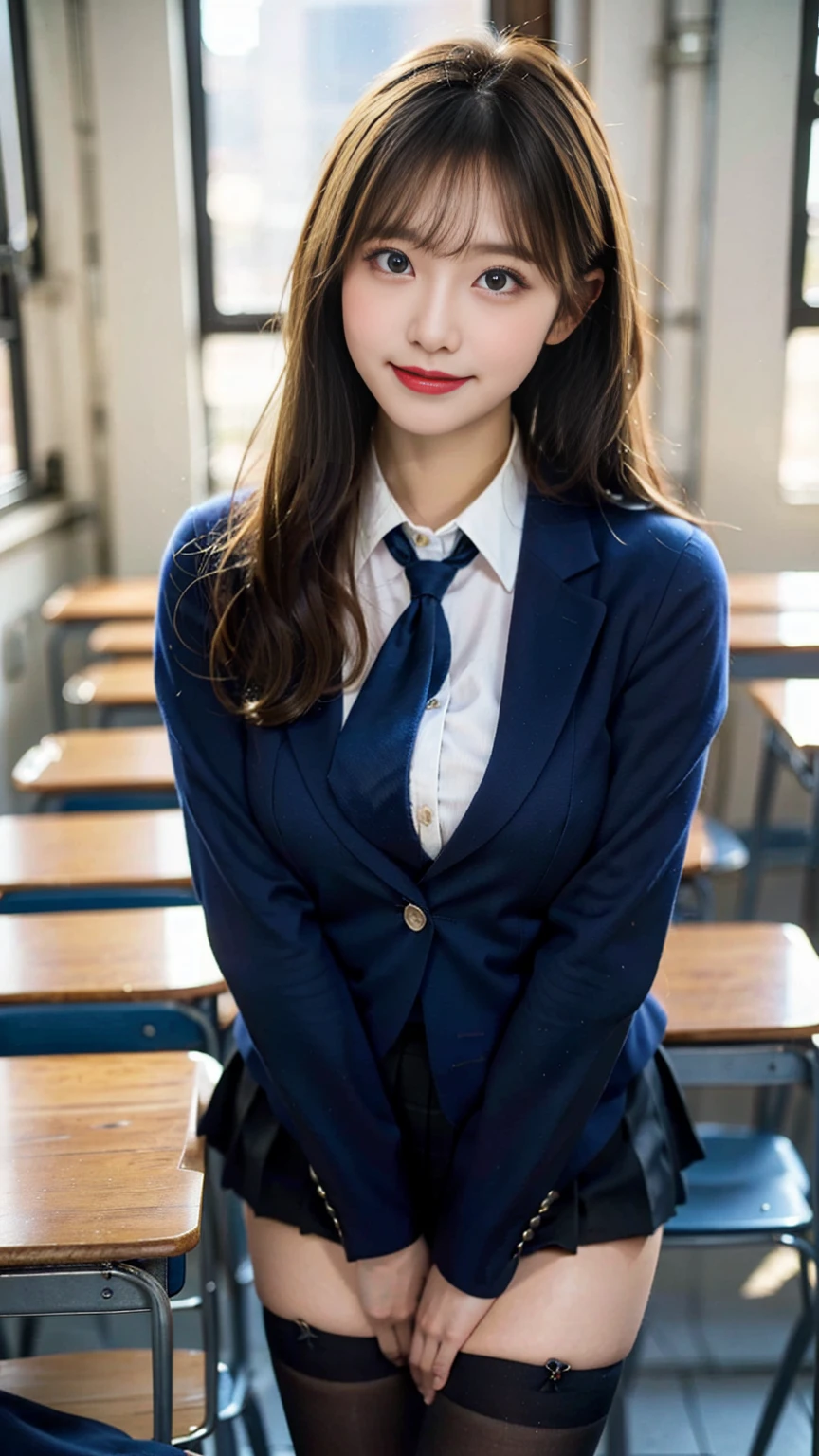 (Masterpiece, Masterpiece, 8k), One beautiful woman, Long blonde hair, blue eyes, A blue ribbon in her hair, High School Outfit, Black blazer, Black Skirt, Blue tie, Big Breasts, Thighs, Wearing high stockings, In the classroom, Serious expression, High resolution, Blur the background, Smile