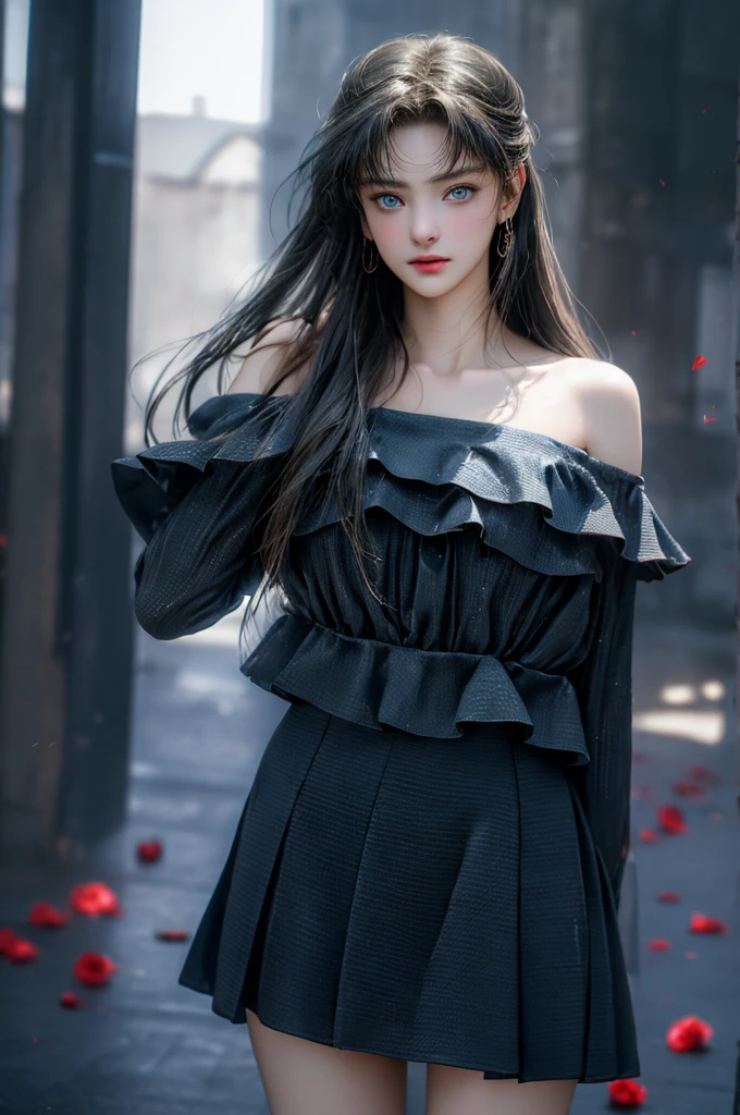 (Girl in a semi-transparent one-shoulder black miniskirt dress), (photo realistic:1.4), (hyper realistic:1.4), (realistic:1.3), (smoother lighting:1.05), (increase cinematic lighting quality:0.9),. 32K, 1girl,20yo girl, realistic lighting, backlight, light on face, ray trace, (brightening light:1. 2), (increase image quality:1.4), (highest quality realistic textured skin:1. 4),(Big Blue Eyes)、Detailed drawn eyes、Detailed painted face、Fine textured eyes、(tired、sleepy、satisfaction:0.0)、Close-up of face、A shirt that shows off a lot of cleavage、(Accentuates the body line:1.1)、(Beautiful textured skin:1.1)、、(Red petals are flying)、accent