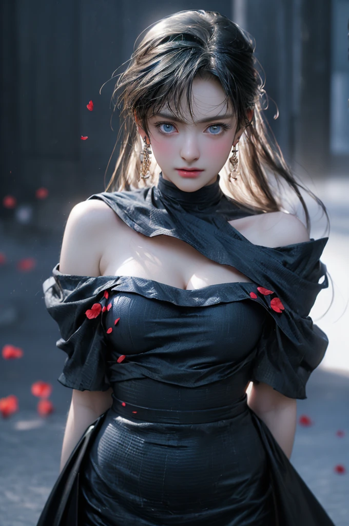 (Girl in a semi-transparent one-shoulder black miniskirt dress）, (photo realistic:1.4), (hyper realistic:1.4), (realistic:1.3), (smoother lighting:1.05), (increase cinematic lighting quality:0.9),. 32K, 1girl,20yo girl, realistic lighting, backlight, light on face, ray trace, (brightening light:1. 2), (increase image quality:1.4), (highest quality realistic textured skin:1. 4),(Big Blue Eyes)、Detailed drawn eyes、Detailed painted face、Fine textured eyes、(tired、sleepy、satisfaction:0.0)、A shirt that shows off a lot of cleavage、(Accentuates the body line:1.1)、(Beautiful textured skin:1.1)、(Red petals are flying)、（Black lace panties are visible)、Slim long legs、
