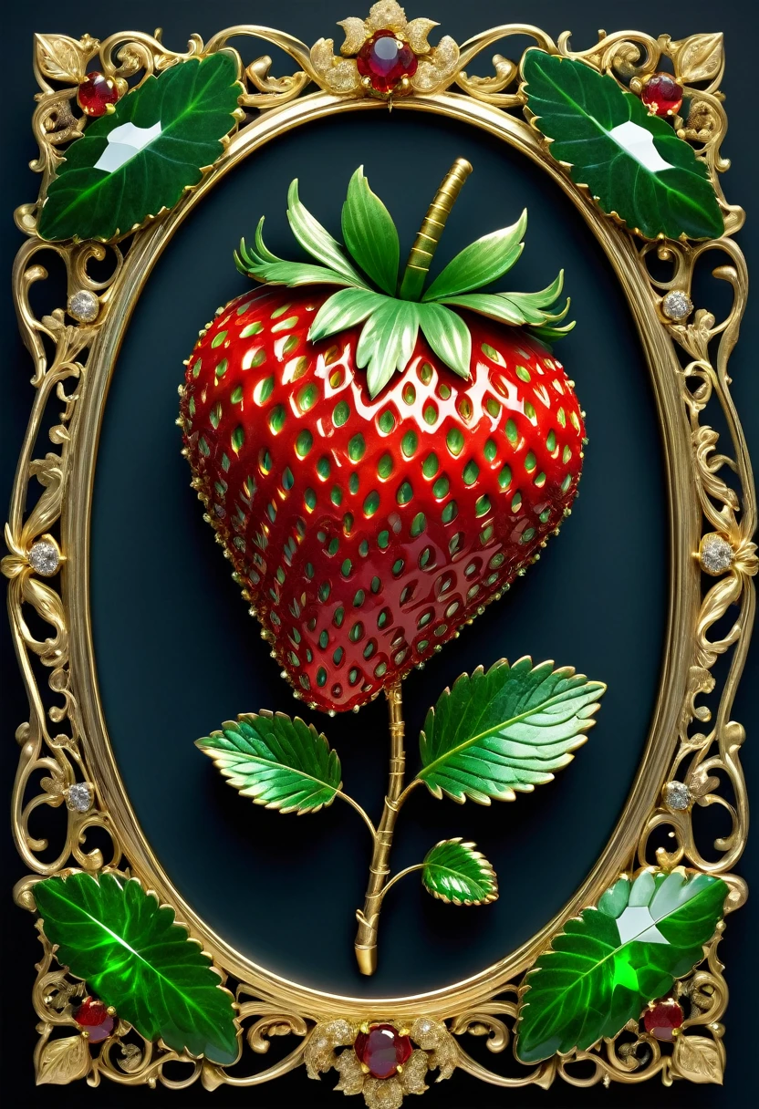 A big single strawberry-shaped gemstone, Gems on display, The red part is a collection of garnets, The seed parts are tiny diamonds, The leaf part is an emerald in a leaf-shaped gold frame, (masterpiece, top quality, best quality, official art, beautiful and aesthetic:1.2), (photorealistic, ultra realistic 8k CG), (raw photo, photo:1.5, realistic:1.5, photorealistic:1.5), ultra highres, 8k, texture skin, highest detailed, extreme detailed, 8k wallpaper, (dark magic), (grim), (intricate details), (hyperdetailed), 8k hdr, high detailed, lot of details, high quality, museum lighting, dramatic atmosphere, atmospheric perspective, (focus on)