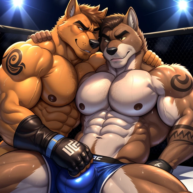 Duo male(Brown Dog vs Brown Wolf, handsomes, handsome hairstyle, Thick eyebrows, detailed face), gay(Lying down, cuddling embraced, Body above body, holding neck and bulge from behind, on a UFC match), hot(Shirtless), handsomes(They are handsomes, correct anatomy), musculosos(Big muscle bodies, Six packs, muscle abs, big pecs), sweaty(very sweaty wet bodies, shiny sweat), tatuajes(they have tattoos), grumpy(Both have an grumpy expression, grumpy teeths, steaming breath), UFC gloves(They both are wearing UFC gloves), Hight resolution, by(Zourik:1.1)