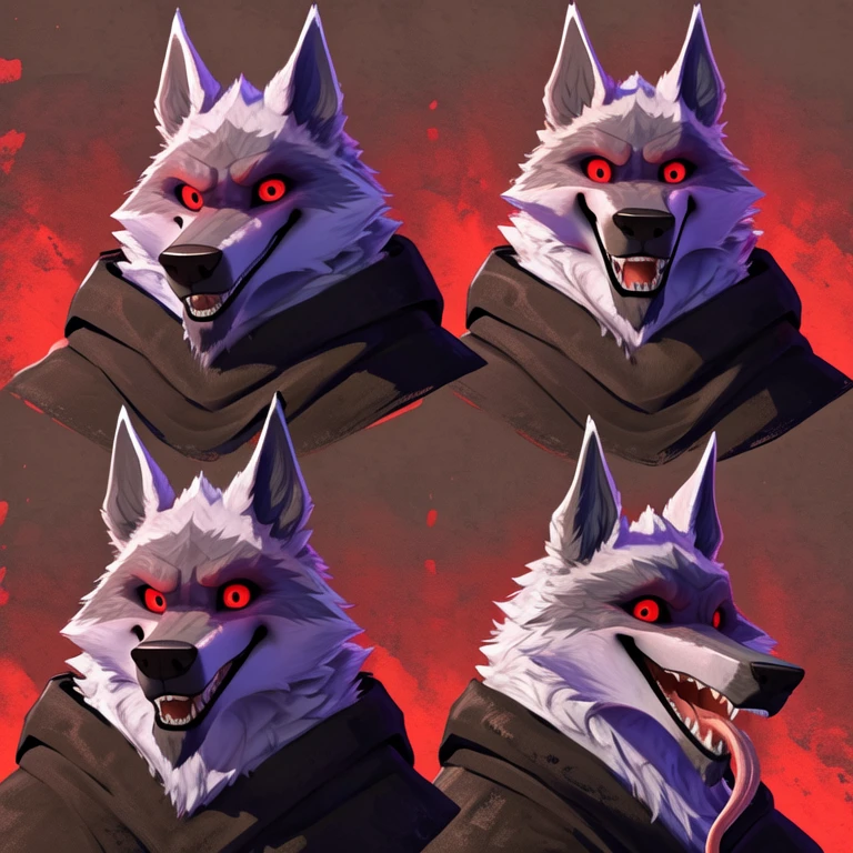 Death (Puss in Boots: The Last Wish), Looking at viewer, Open Mouth, Sticking out long tongue, Funny faces, Glowing Red Eyes, White Fur, Wide-Eyed, Wolf Ears, Anatomically Correct, Seductive Smile, Raised Eyebrow, Oral Invitation, Simple background, Multiple Views, Close-Up, Character Sheet Full-Length, Character Design, Illustration, High Resolution, Super Detailed, Textured Skin