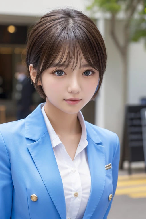A beautiful girl、uniform、White shirt、Short cut ,Blue Blazer、Beautiful blonde、high resolution、Upper Body、Bust size K cup