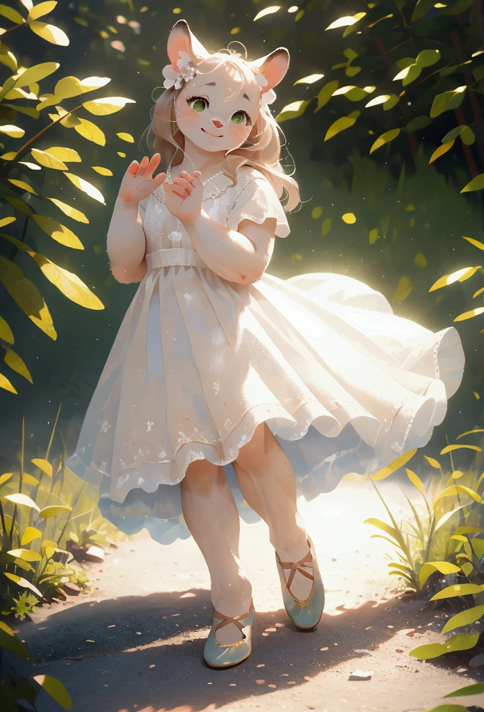 a cute little rabbit waving and smiling, white dress, emerald eyes, ballet shoes, ultra-detailed, (best quality,4k,8k,highres,masterpiece:1.2),ultra-detailed,(realistic,photorealistic,photo-realistic:1.37),adorable,soft lighting,highly detailed face,delicate features,whimsical,charming,pastoral