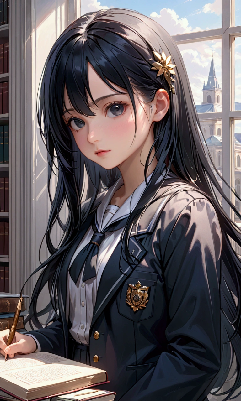 A young woman with long black hair, black eyes, academic uniform, masterpiece, best quality, aesthetic, ultra-detailed, ultra-sharp, 4k