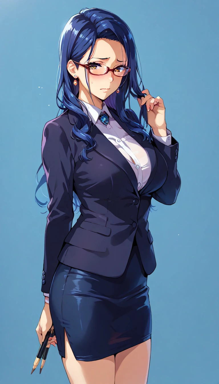 (masterpiece, best quality, ultra-detailed, high resolution, detailed eyes), takeda hiromitsu style, {1mature female}, (40 years old), earrings, glasses, (makeup:1.0), wavy blue hair, long hair, forehead, curvy body, black business suit, pencil skirt, standing, embarrassed