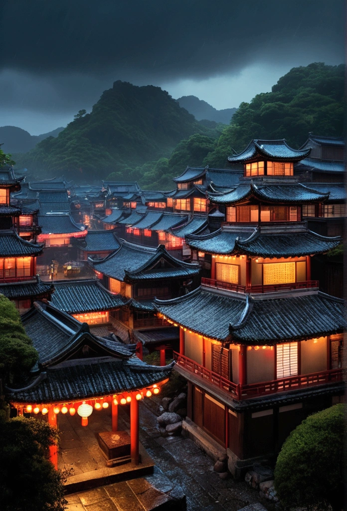 Ararfed view of a village with a lot of lights on the buildings, dreamy chinese town, chinese village, amazing wallpaper, japanese city, japanese village, hyper realistic photo of a city, old asian village, japanese city, Directed by: Raymond Han, raining night, cyberpunk chinese ancient castle, beautifully lit buildings, at night during the rain, beautiful and aesthetic, fot, cinematographic, 8k, high detaild ((Chove forte)))