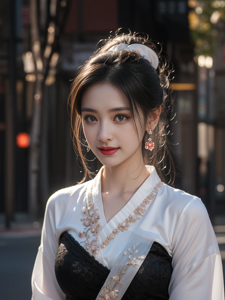 1 beautiful girl in Hanfu costume, ((thin black and white silk shirt with many patterns)), white lace shirt, long platinum purple ponytail. Hair, Jewelry, earrings, thin black silk scarf, carefully drawn big purple eyes, careful makeup, thin eyebrows, high nose, beautiful red lips, cheerful smile, pursed lips, rosy cheeks, wide chest, big chest, shapely chest, slim waist, shapely buttocks, purple mesh stockings, Chinese hanfu style, fictional art texture, many bright and realistic colors, RAW Photos, Realistic Photos , ultra high quality 8k surreal photo, (effective fantasy lighting effect: 1.8), 10 x pixels, magic effect (Background): 1.8), super detailed eyes, full body portrait of girl, vineyard, dynamic, pose